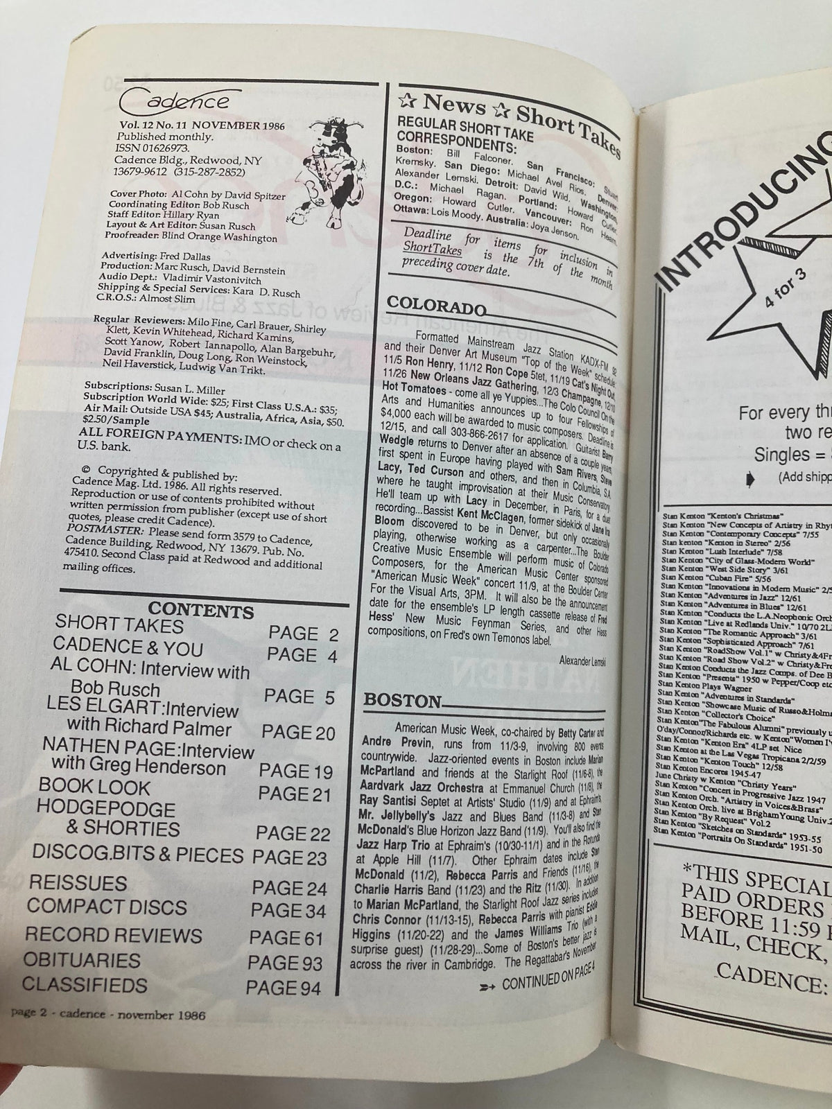 Inside page of VTG Cadence Jazz Magazine November 1986, Volume 12 Issue 11 showing table of contents and details about interviews with Al Cohn, Les Elgart, and Nathen Page, along with short takes and news articles related to jazz.