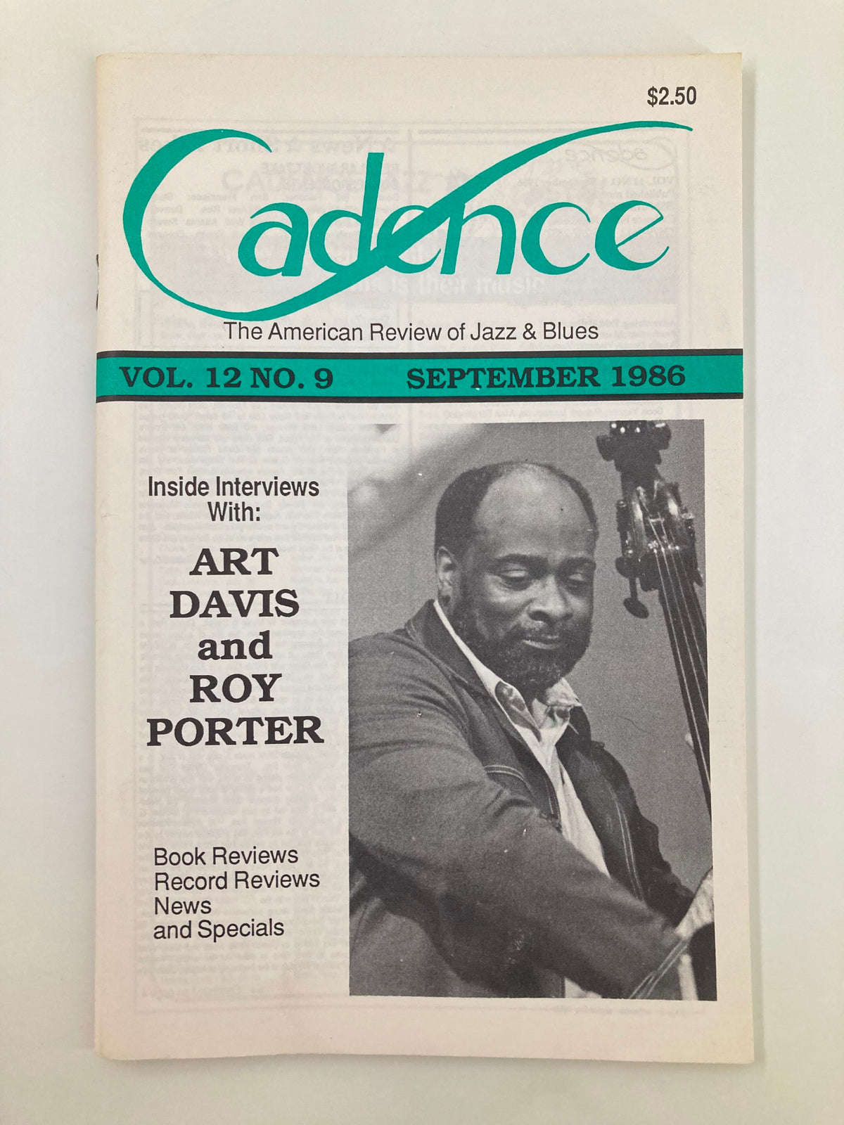 VTG Cadence Jazz Magazine September 1986 Vol 12 #9 featuring insightful interviews with jazz musicians Art Davis and Roy Porter, highlighting the culture of jazz and blues.