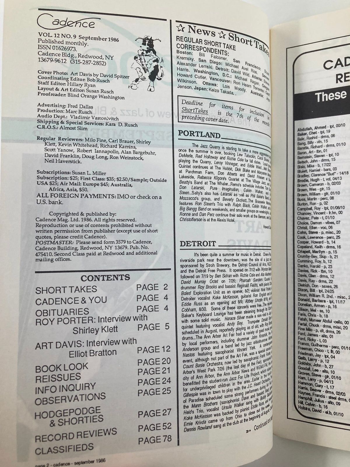 Inside page of VTG Cadence Jazz Magazine September 1986, Vol 12 #9 featuring contents and editorial notes, highlighting featured artists Art Davis and Roy Porter.