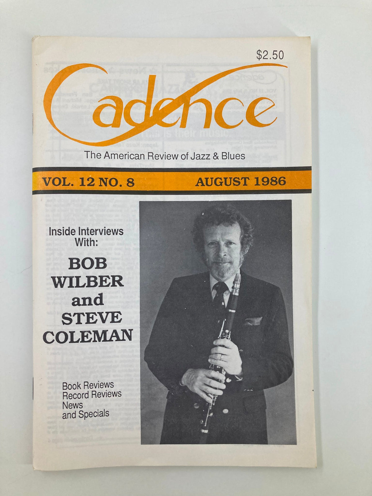 Cadence Jazz Magazine August 1986 cover featuring Vol. 12 No. 8, with interviews of Bob Wilber and Steve Coleman, showcasing the American Review of Jazz & Blues.