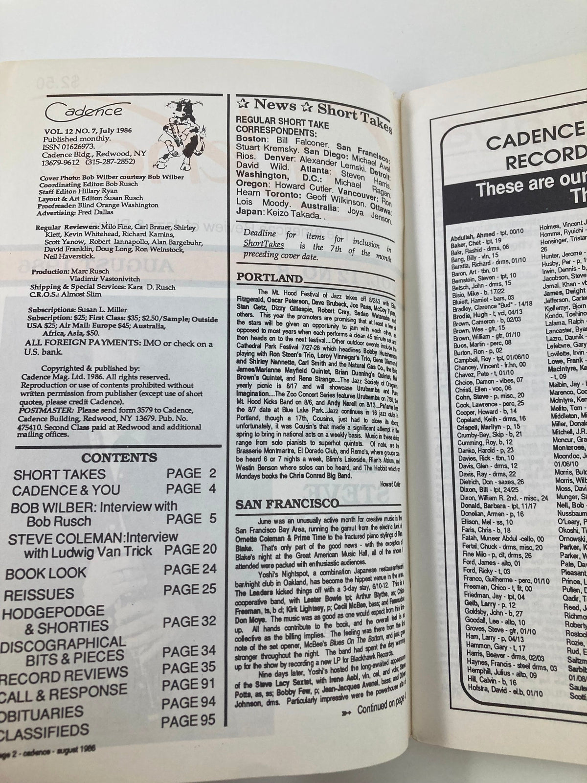 Inside page of Cadence Jazz Magazine August 1986 showing table of contents, featuring articles including interviews with Bob Wilber and Steve Coleman.