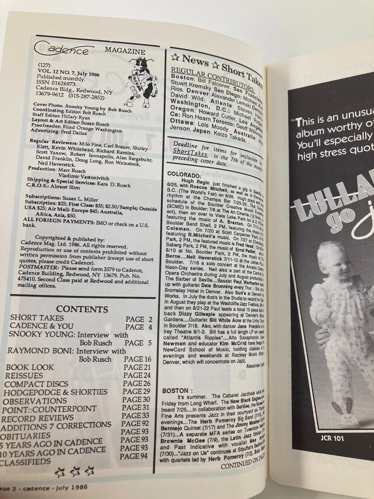 Inside page of VTG Cadence Jazz Magazine July 1986 Vol 12 #7, displaying contents and articles including interviews with Snooky Young and Raymond Boni.