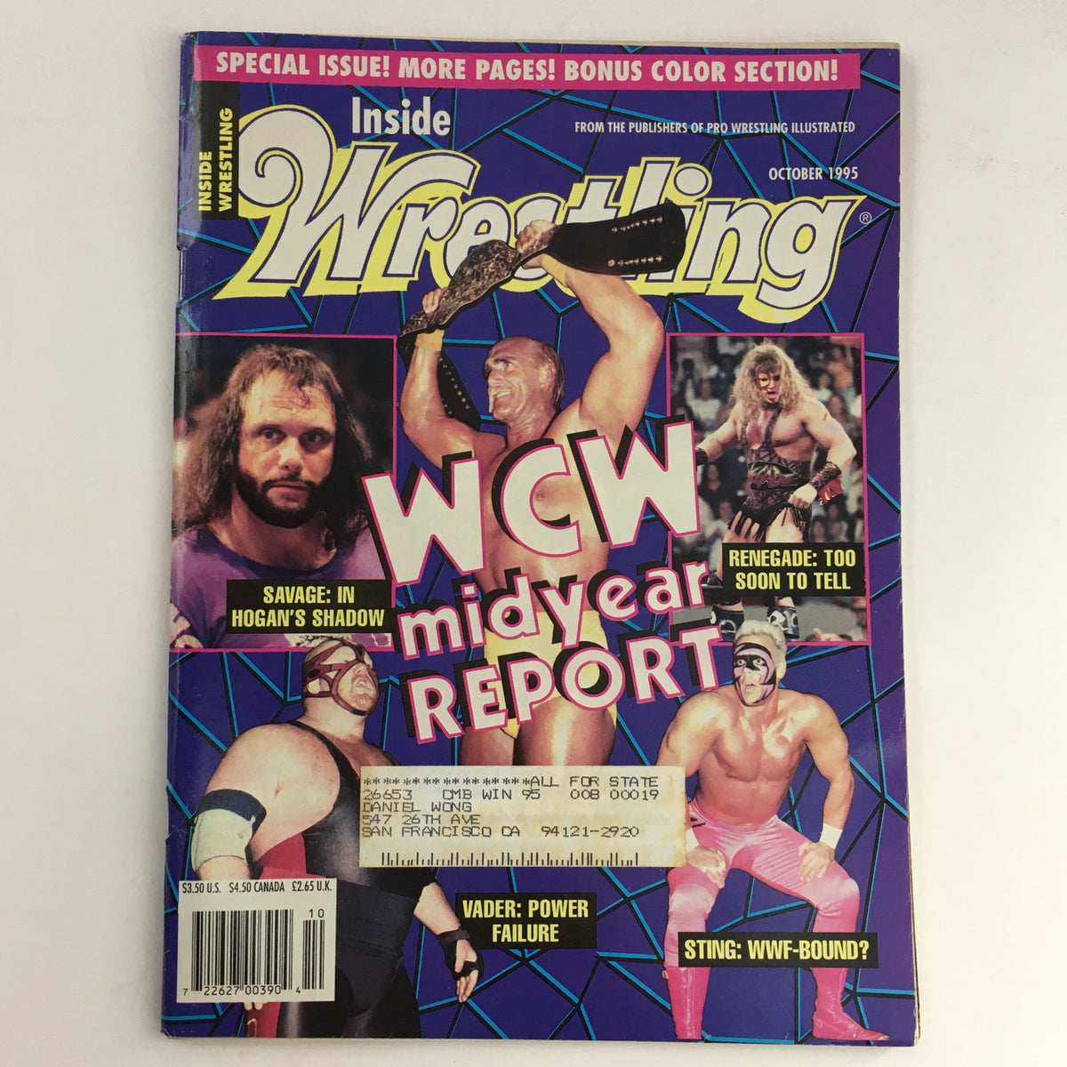 Cover of Inside Wrestling Magazine, October 1995 featuring Hulk Hogan, Randy Savage, and Big Van Vader, showcasing WCW midyear report and nostalgic wrestling era.