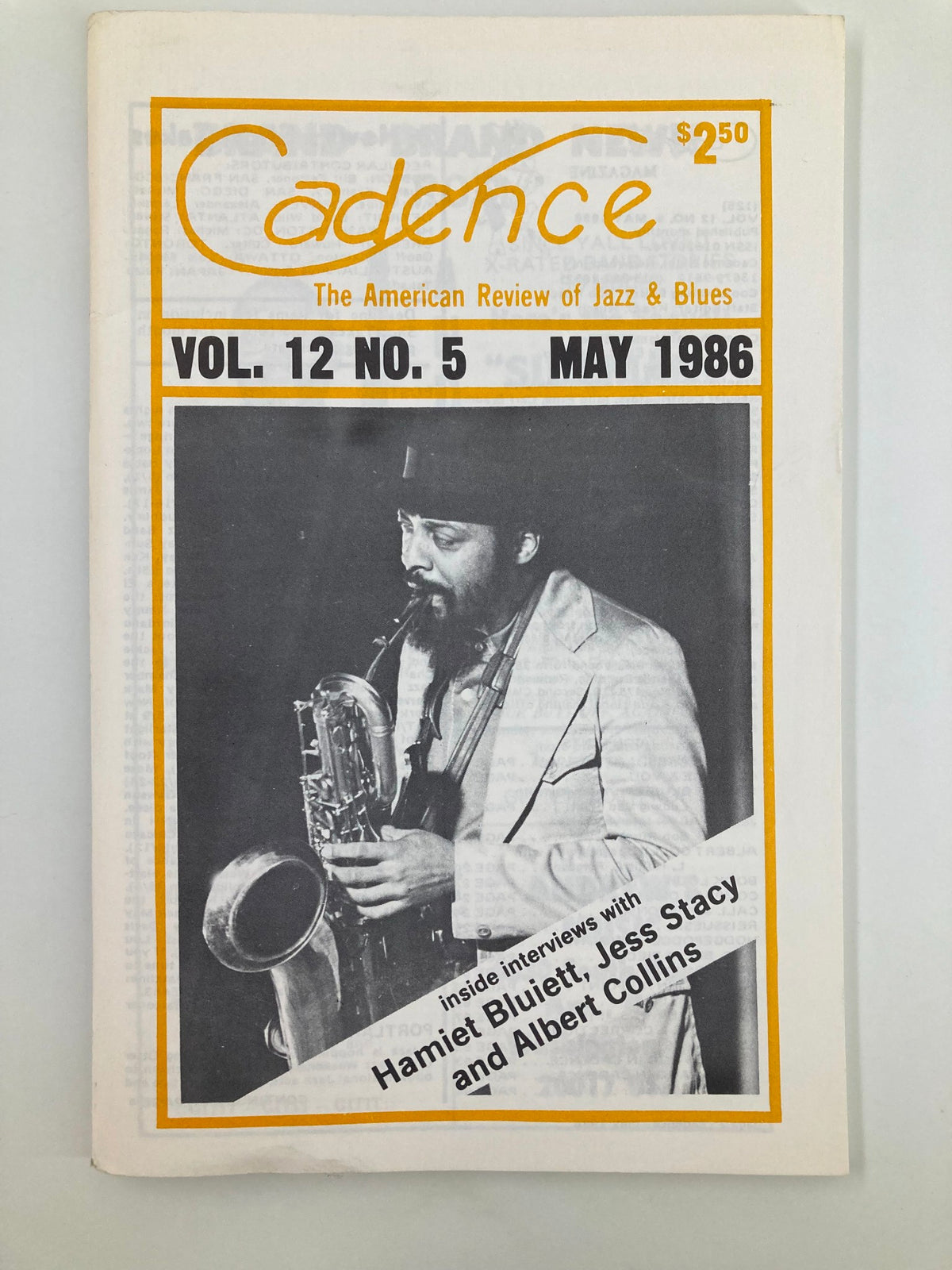 Cover of VTG Cadence Jazz Magazine May 1986 Vol 12 #5 featuring a saxophonist, highlighting interviews with Hamiet Bluiett and Jess Stacy.