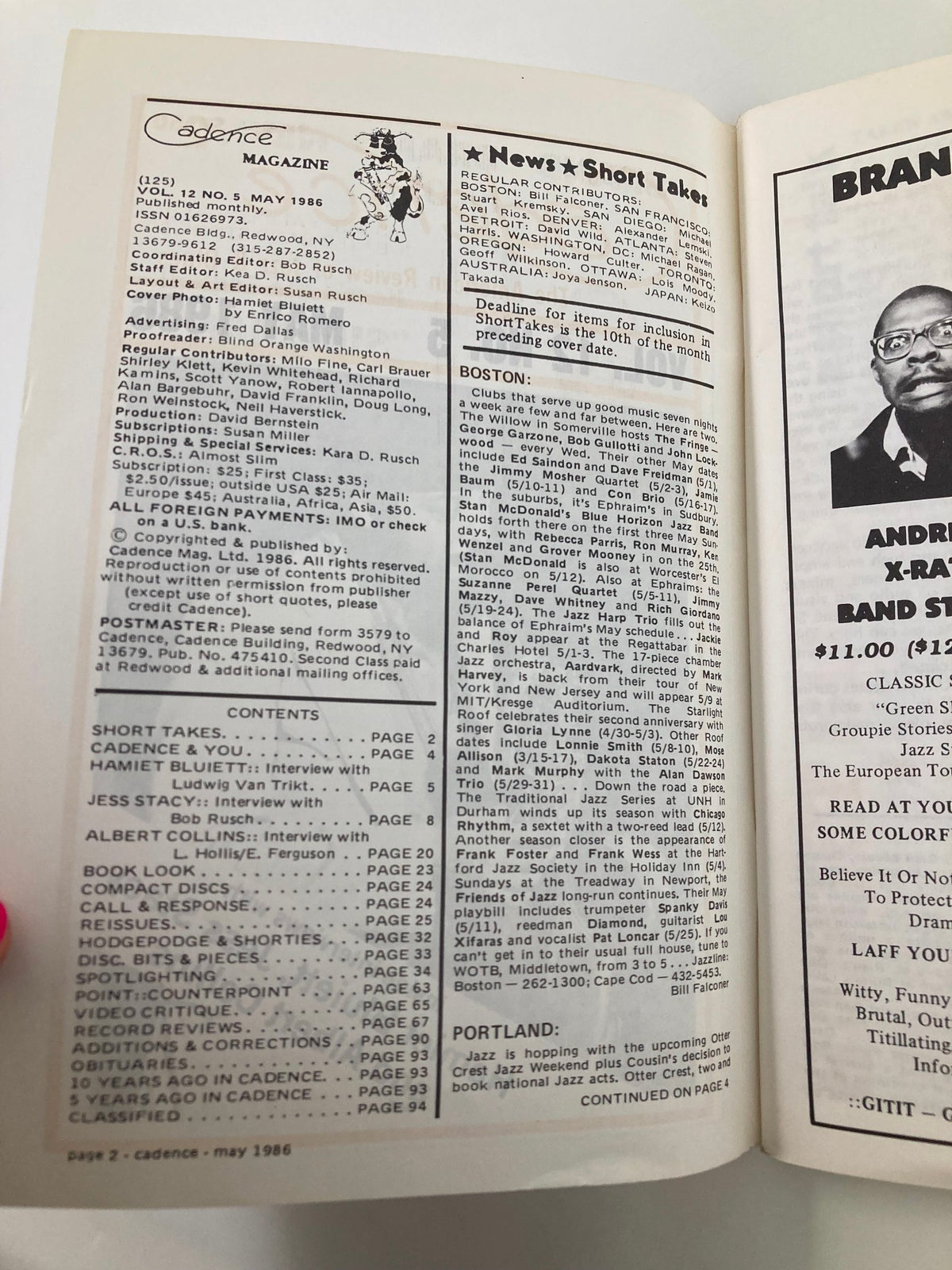 Interior page of VTG Cadence Jazz Magazine May 1986 Vol 12 #5 displaying the contents and features of the magazine, including articles on Hamiet Bluiett and Jess Stacy.