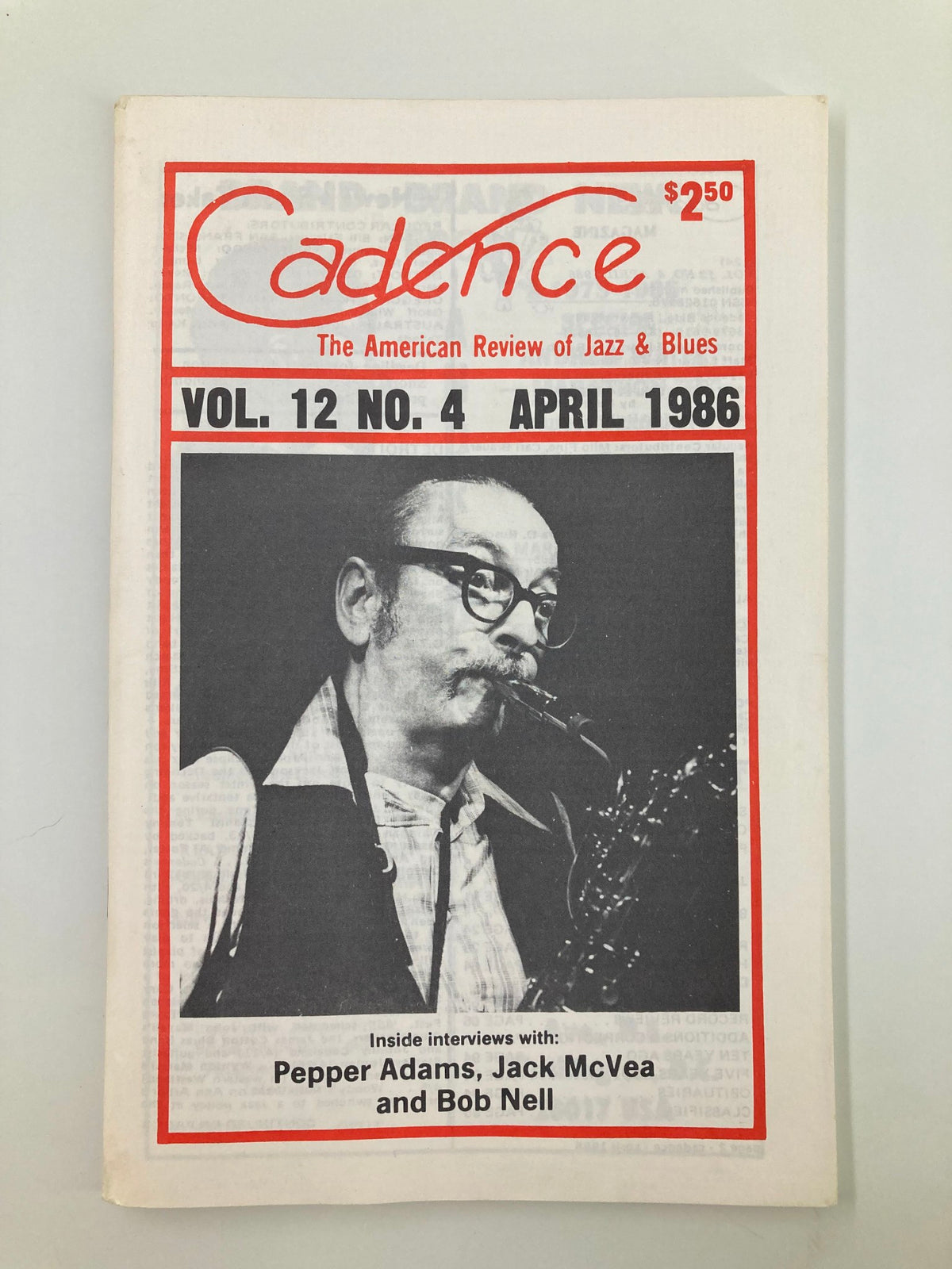 VTG Cadence Jazz Magazine April 1986 featuring a cover image with Pepper Adams playing the saxophone. The magazine showcases notable interviews with jazz artists Jack McVea and Bob Nell.