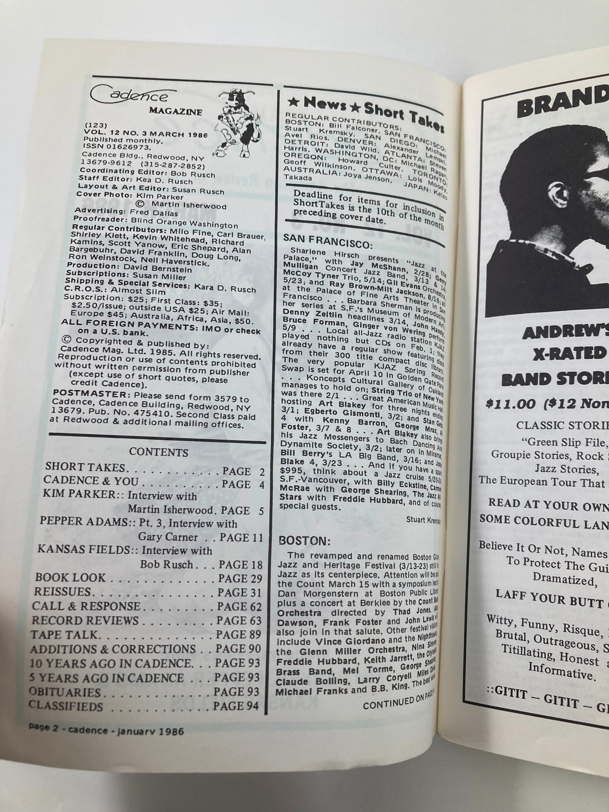 Interior page from VTG Cadence Jazz Magazine March 1986 Vol 12 #3 featuring contents and contributor information including interviews with Kim Parker and Pepper Adams.