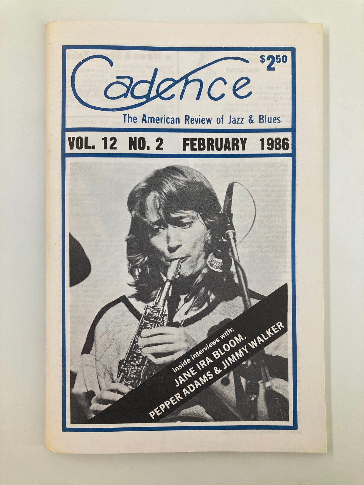Cover of VTG Cadence Jazz Magazine February 1986 Vol 12 #2 featuring Jane Ira Bloom playing saxophone, highlighting interviews with Jazz musicians.