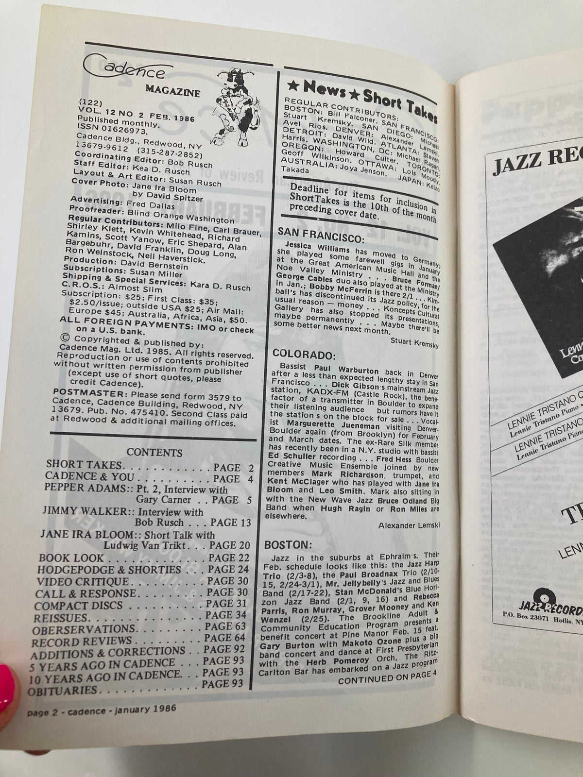 Inside page of VTG Cadence Jazz Magazine February 1986 Vol 12 #2, showcasing contents and articles including interviews with Jane Ira Bloom and Pepper Adams.