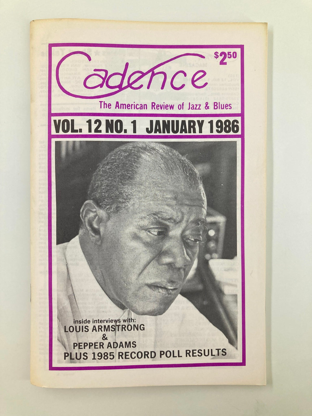 Cover of VTG Cadence Jazz Magazine January 1986, Vol 12 #1 featuring Louis Armstrong and Pepper Adams with insights on jazz history, interviews, and record poll results.