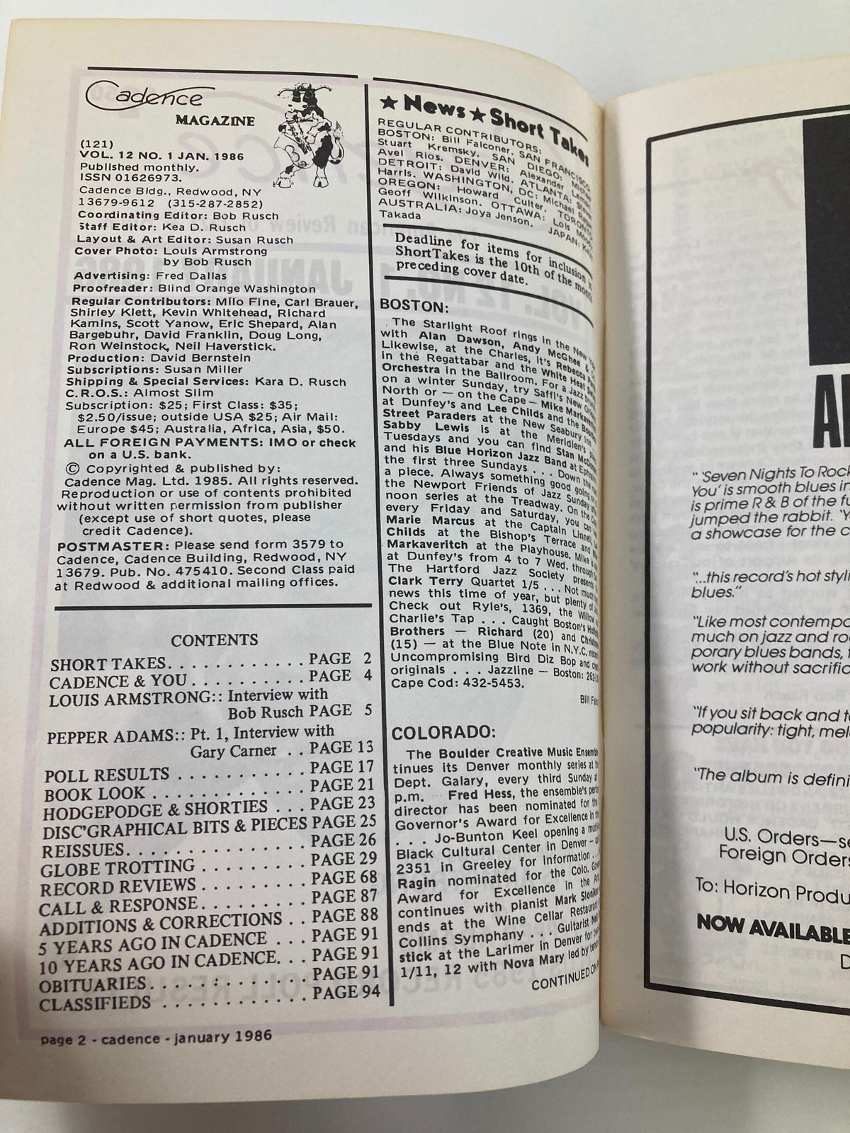 Interior page of the VTG Cadence Jazz Magazine from January 1986, Volume 12, Issue 1 featuring contents and articles highlighting Louis Armstrong and Pepper Adams, showcasing vintage jazz culture.