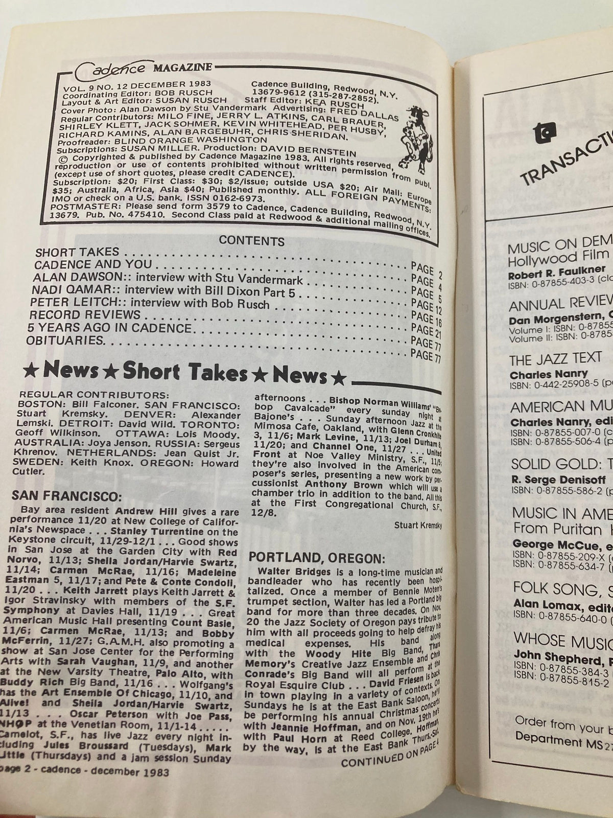 Inside view of the VTG Cadence Jazz Magazine December 1983 Vol 9 #12, displaying the magazine's table of contents and contributor information, highlighting interviews with Adam Dawson and Nadi Qamar.