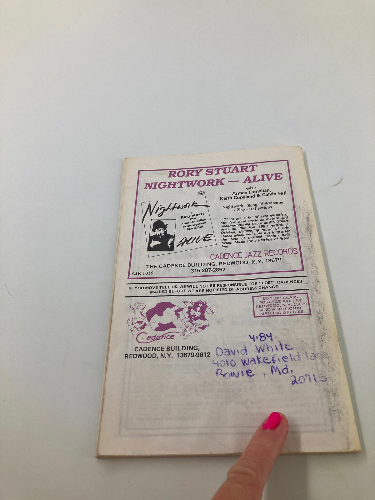 Back cover of the VTG Cadence Jazz Magazine December 1983 Vol 9 #12, featuring an advertisement for Rory Stuart's album 'Nightwork - Alive', with handwritten subscriber details.