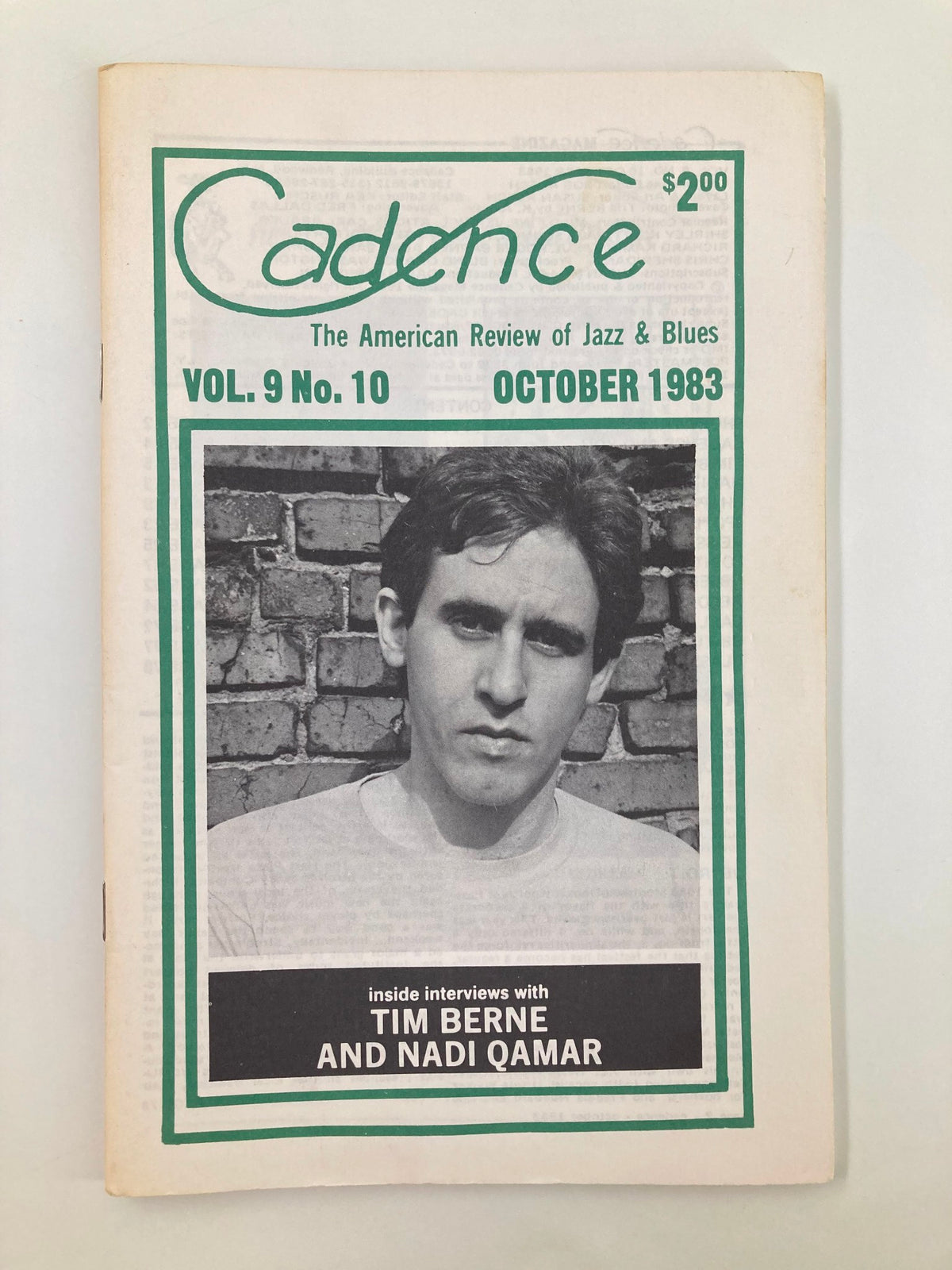 Cover of the VTG Cadence Jazz Magazine from October 1983, Vol 9 #10, featuring the title and a portrait of Tim Berne and Nad Qamar, highlighting interviews with these jazz musicians.