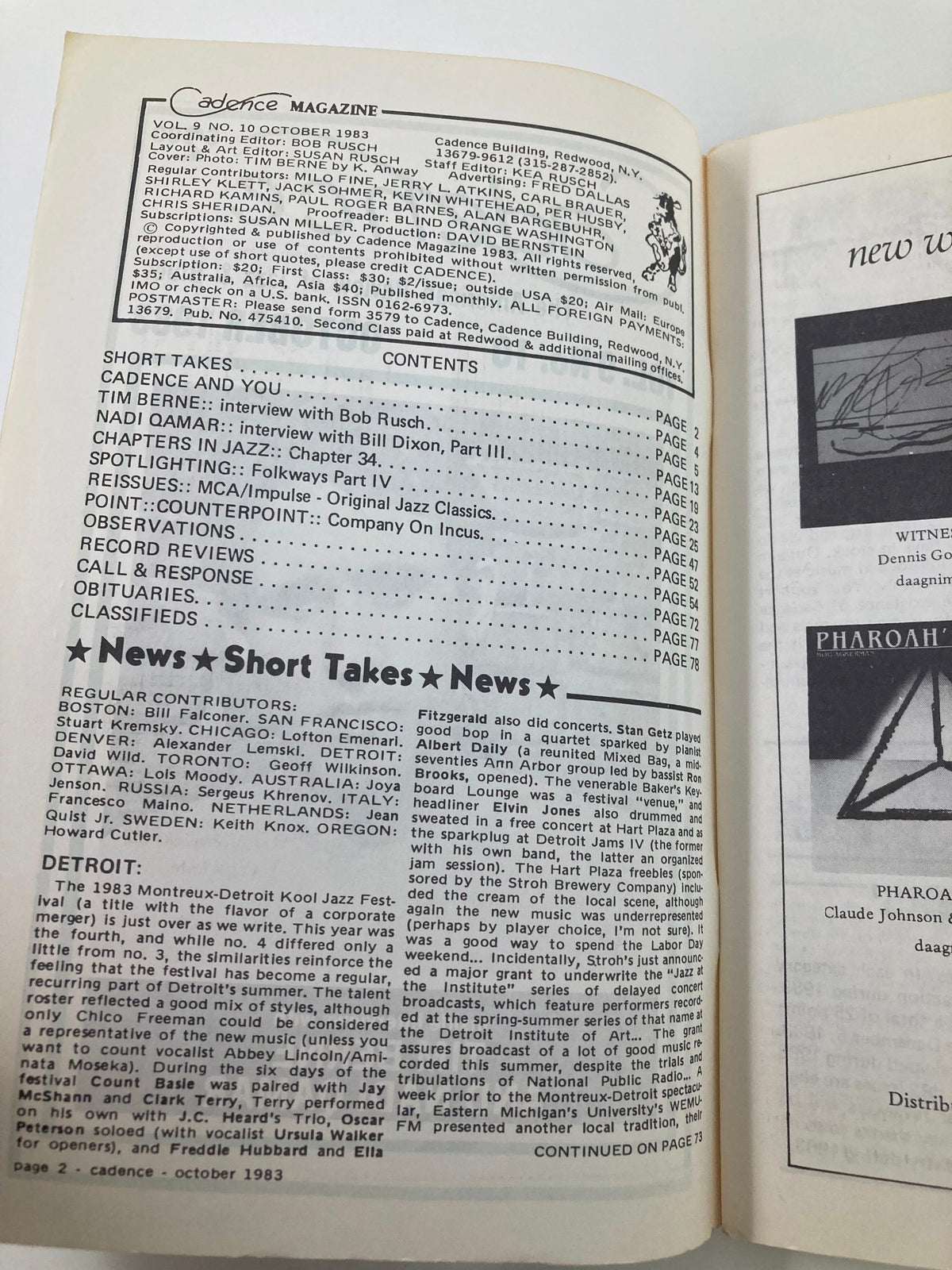 Inside page of VTG Cadence Jazz Magazine October 1983 Vol 9 #10 featuring table of contents and articles including interview with Tim Berne and Nad Qamar, showcasing the jazz scene of the 1980s.