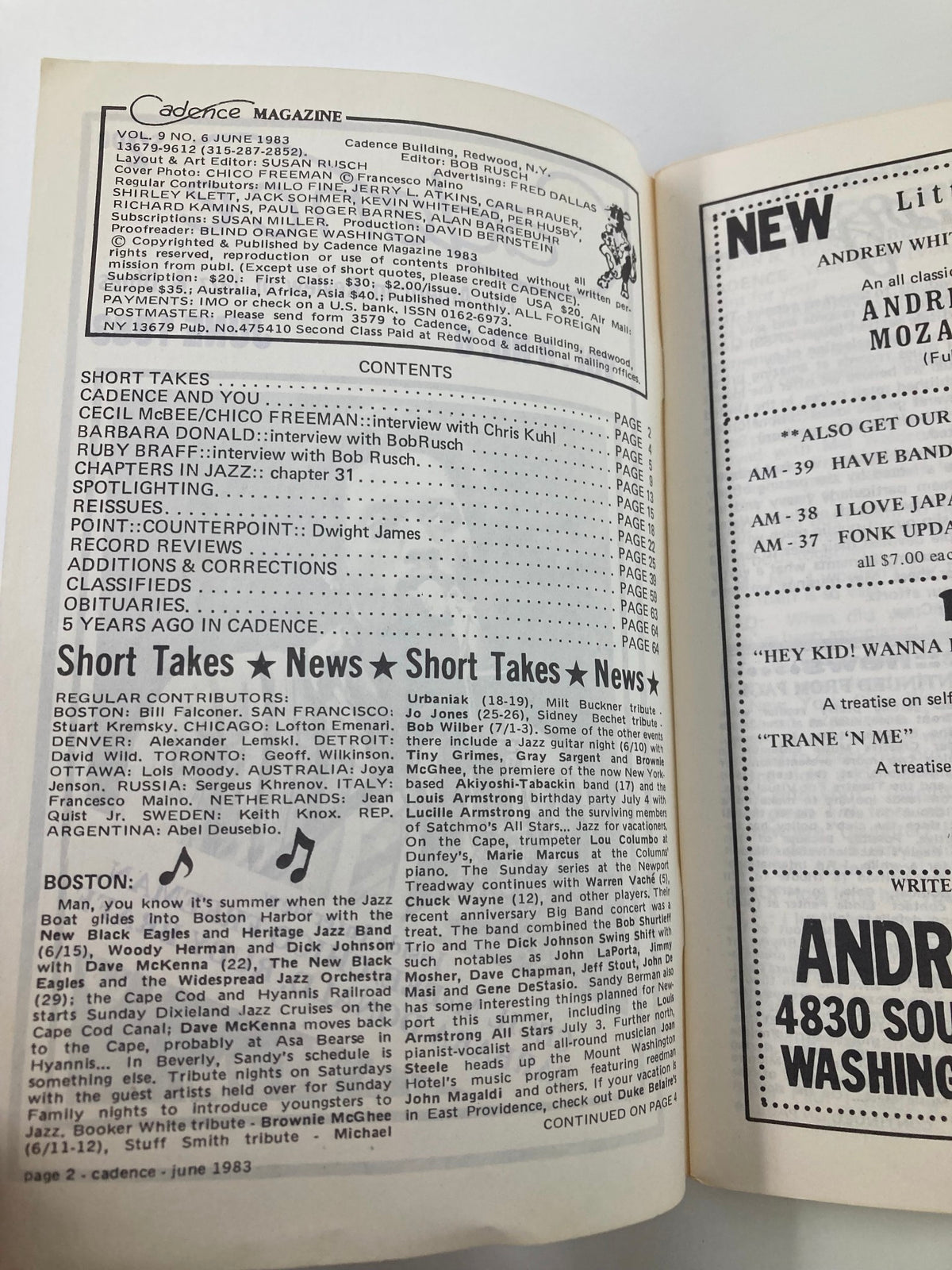Inside content page of VTG Cadence Jazz Magazine June 1983 Vol 9 #6, listing interviews with jazz musicians and articles related to jazz music.