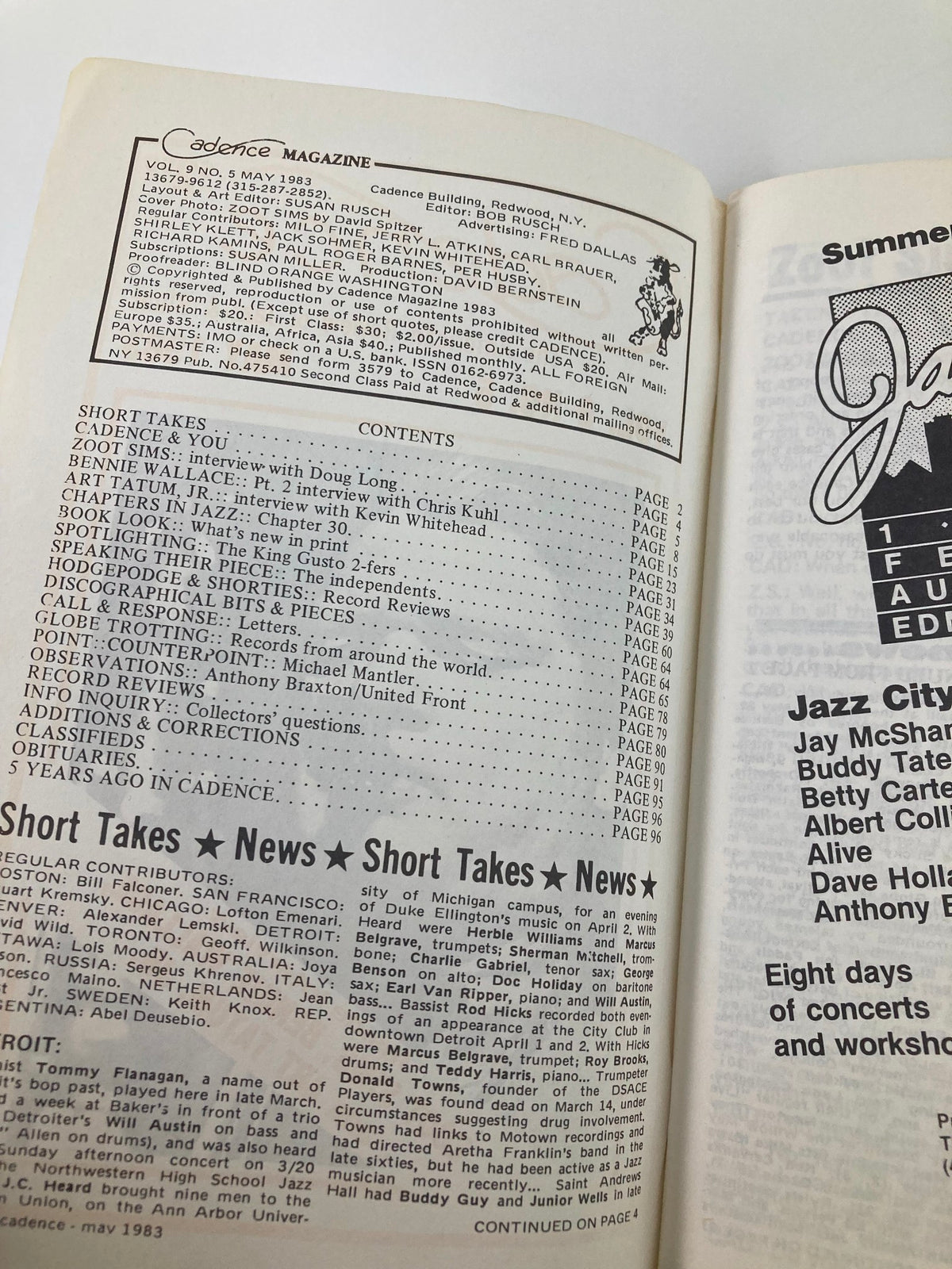 Interior page of VTG Cadence Jazz Magazine May 1983 Vol 9 #5 showing the table of contents, including articles on Zoot Sims, Bennie Wallace, and Art Tatum.
