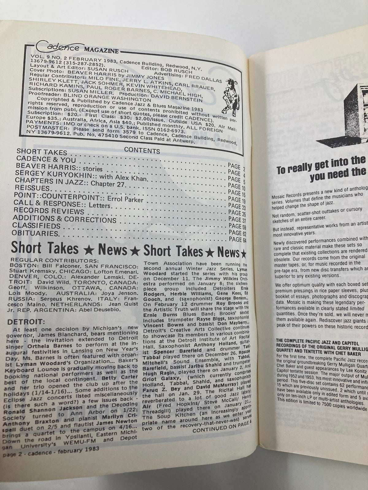 Inside page of Cadence Jazz Magazine February 1983, Vol 9 No 2 displaying the contents and contributions, highlighting various jazz artists and commentators.