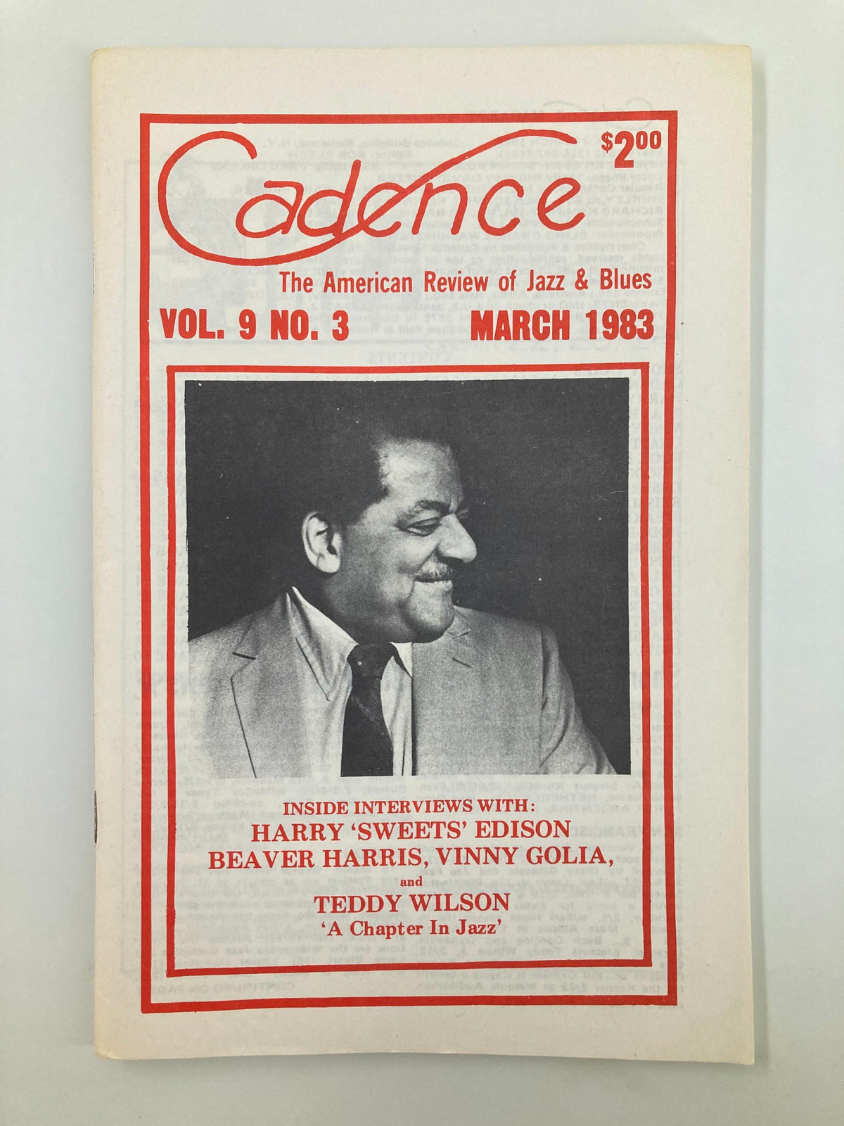 Cover of VTG Cadence Jazz Magazine March 1983 Vol 9 #3 featuring Harry 'Sweets' Edison, Beaver Harris, Vinny Golia, and Teddy Wilson, showcasing the theme of jazz and blues.