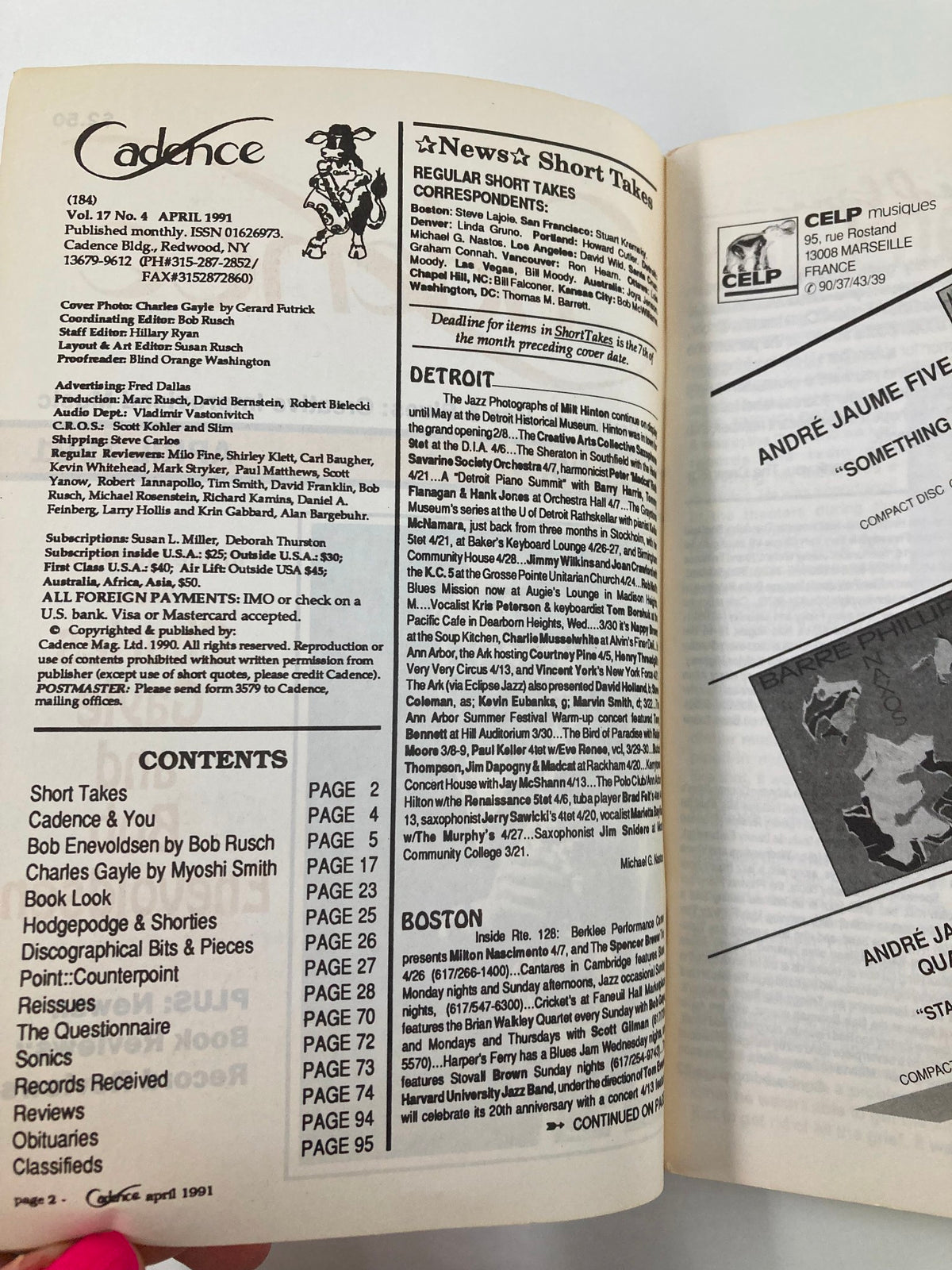 Interior page of Cadence Jazz Magazine April 1991 Vol 17 No 4 showcasing contents and editorial details, including contributions by Charles Gayle and Bob Enevoldsen.