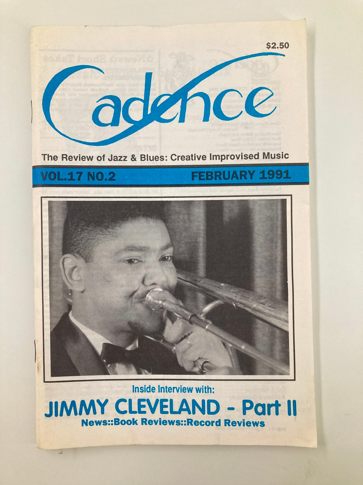 Cover of Cadence Jazz Magazine February 1991 Vol 17 #2 featuring Jimmy Cleveland, highlighting music articles and interviews.