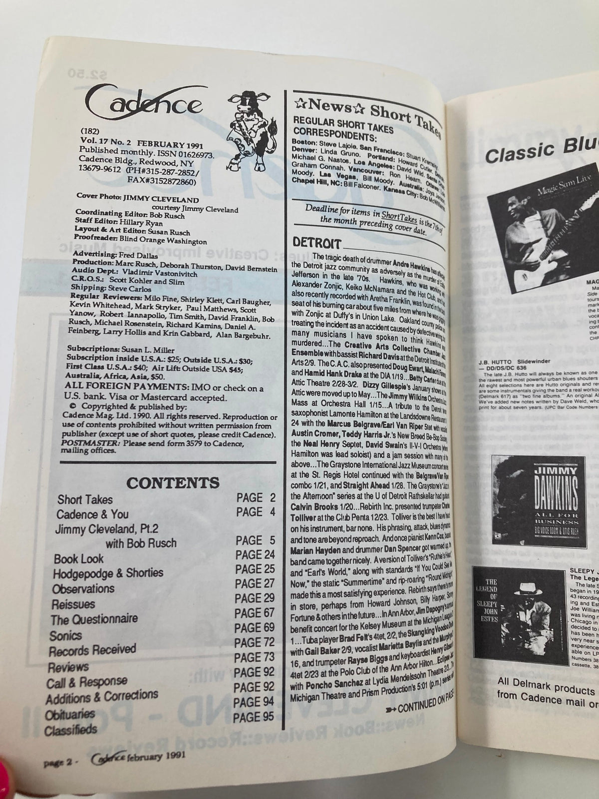 Inside page of Cadence Jazz Magazine February 1991 Vol 17 #2 showing contents and editorial information related to jazz.