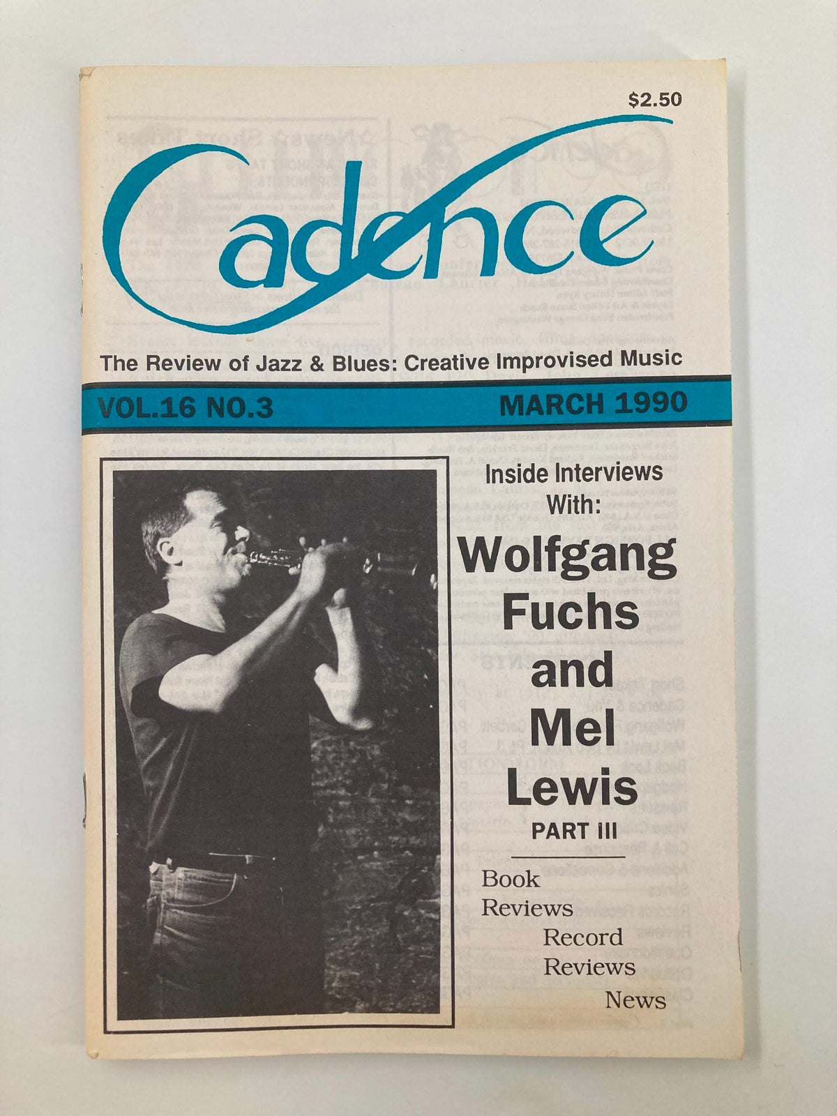 Cover of Cadence Jazz Magazine March 1990 Vol 16 #3 featuring interviews with Wolfgang Fuchs and Mel Lewis, highlighting jazz music and culture with a captivating design.