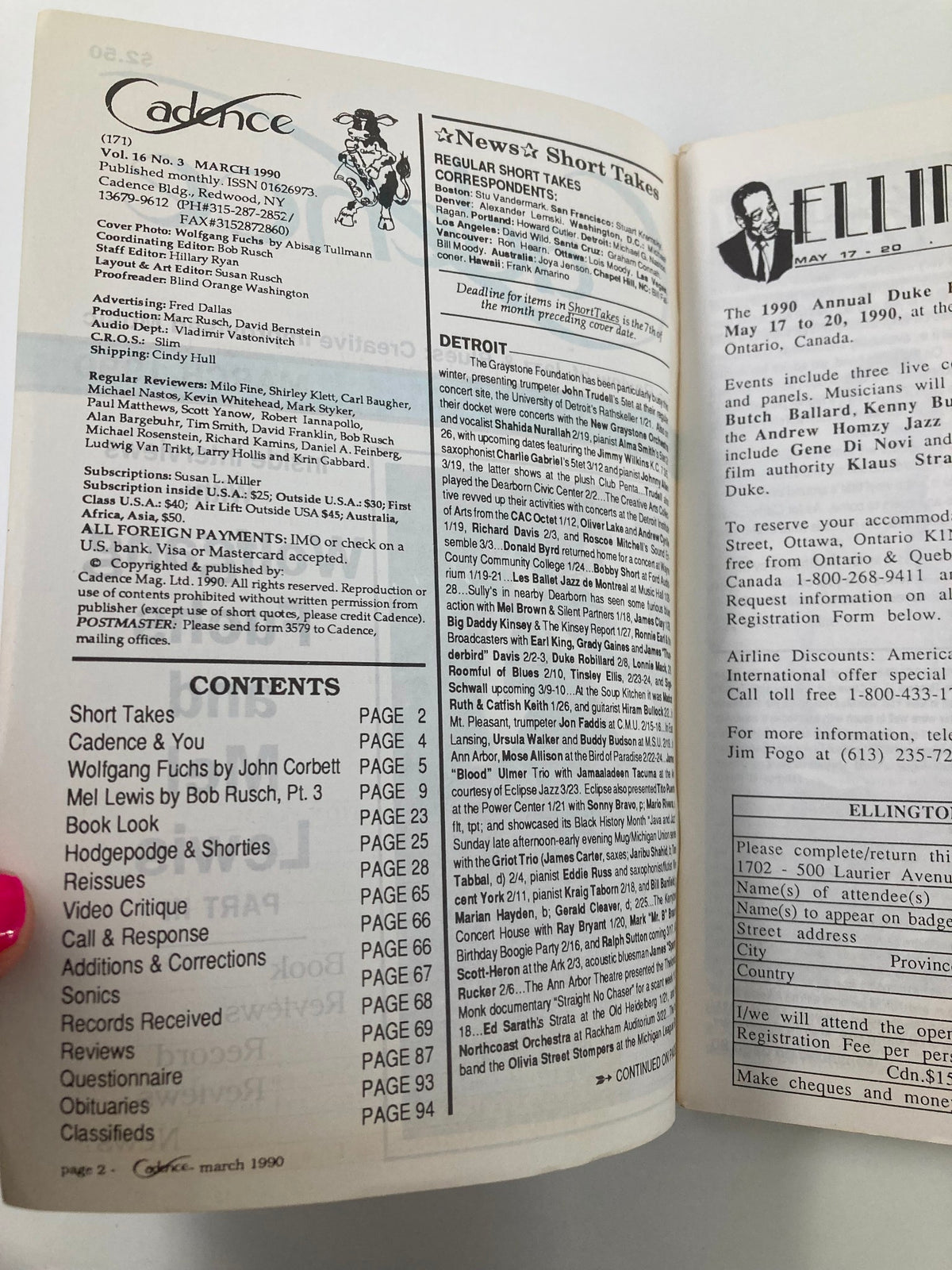 Inside pages of Cadence Jazz Magazine March 1990 Vol 16 #3 showcasing the contents, including articles on Wolfgang Fuchs and Mel Lewis, and a glimpse into the jazz scene of the era.
