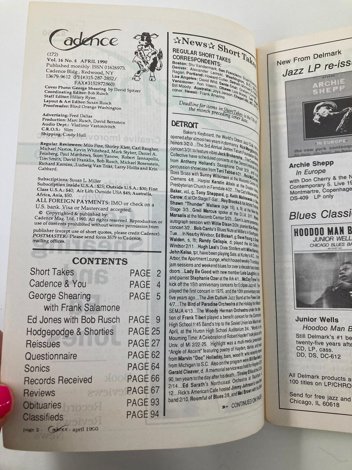 Inside contents page of Cadence Jazz Magazine April 1990 Vol 16 No 4, detailing articles and features including George Shearing and Ed Jones, offering insights into jazz history and new releases.