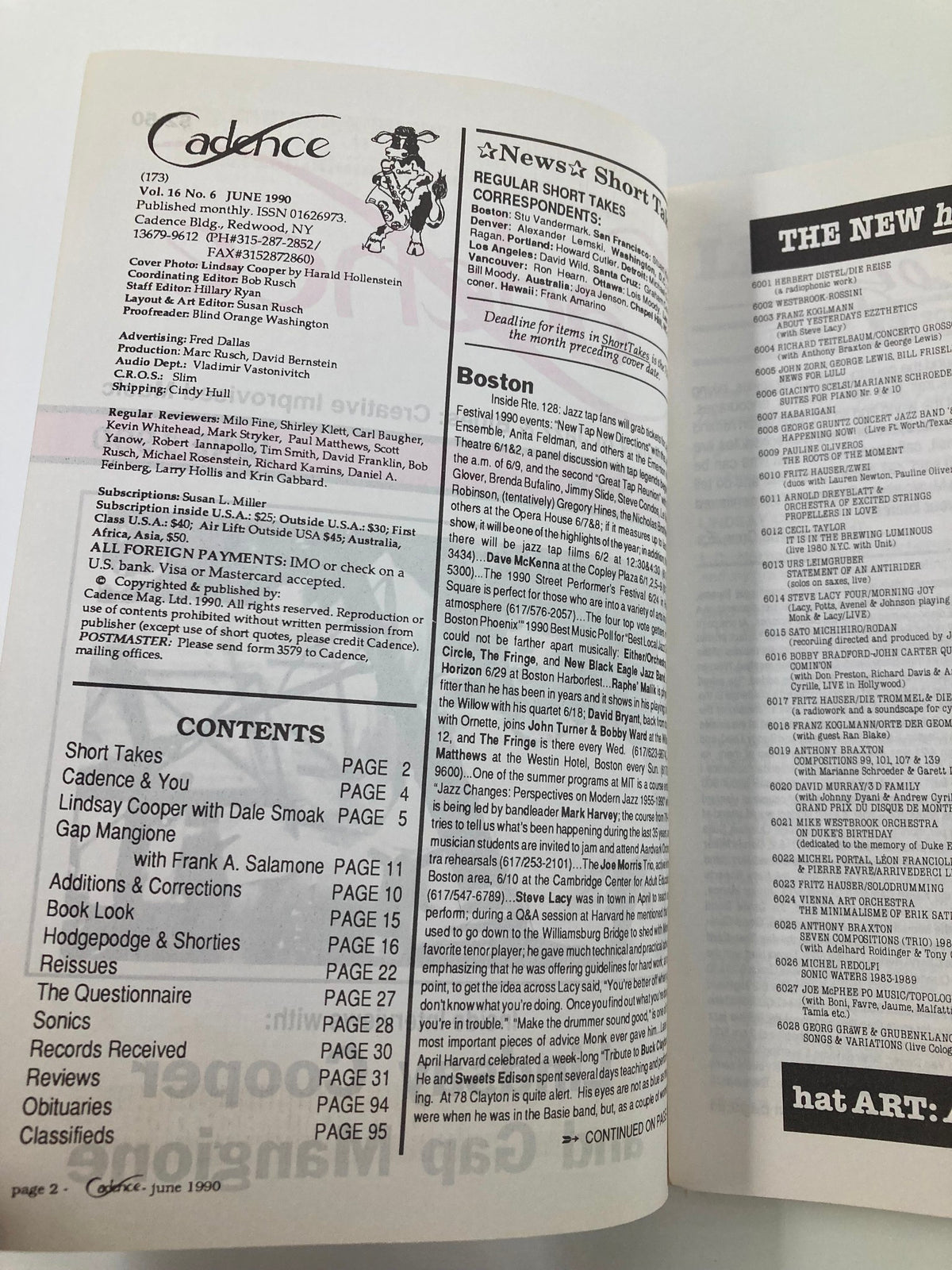 Contents page of Cadence Jazz Magazine June 1990 Vol 16 #6 listing articles including Lindsay Cooper and Gap Mangione.