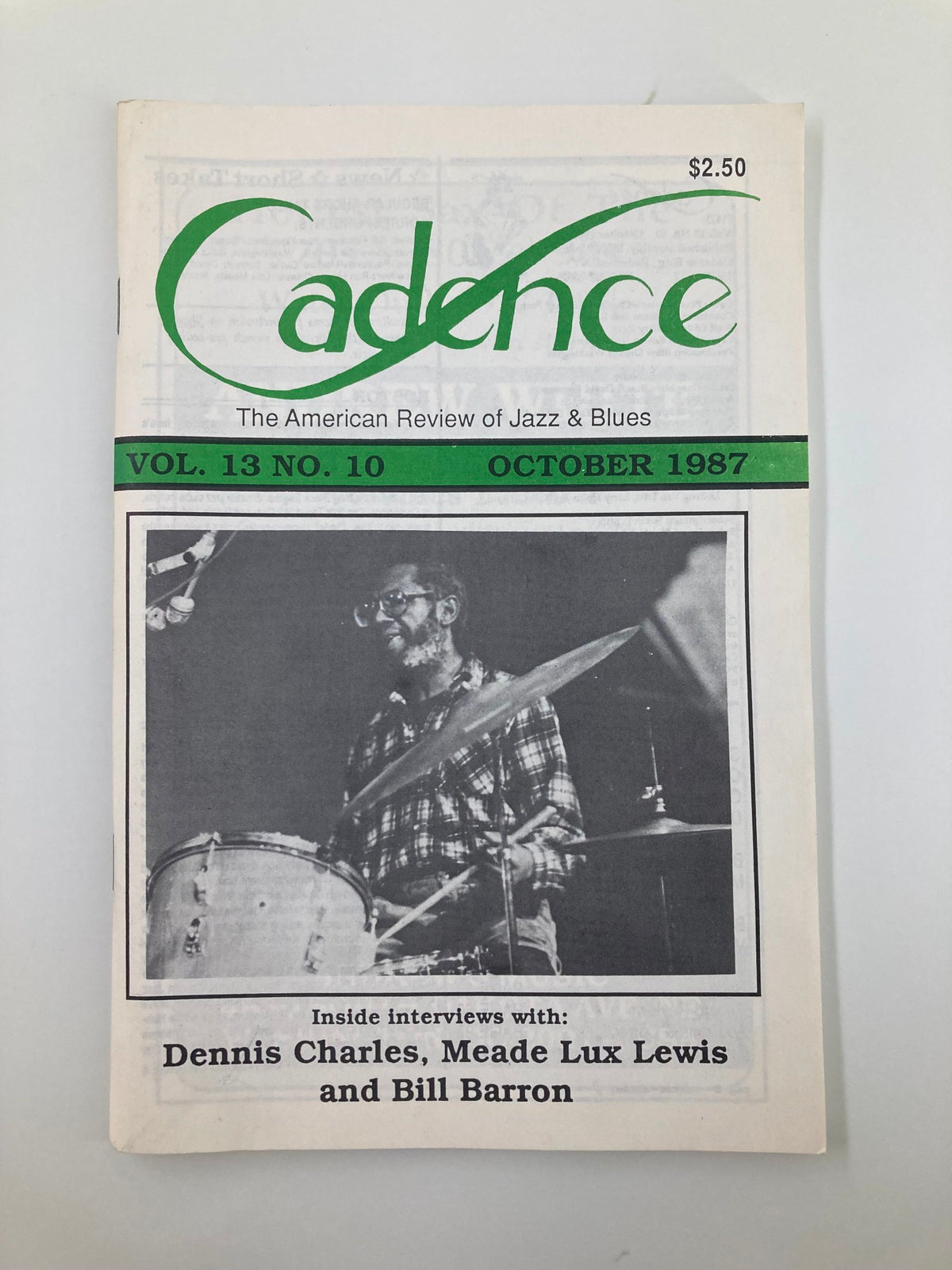 Cover of VTG Cadence Jazz Magazine, October 1987, Vol 13 No 10 featuring drum interviews with Dennis Charles, Meade Lux Lewis, and Bill Barron.