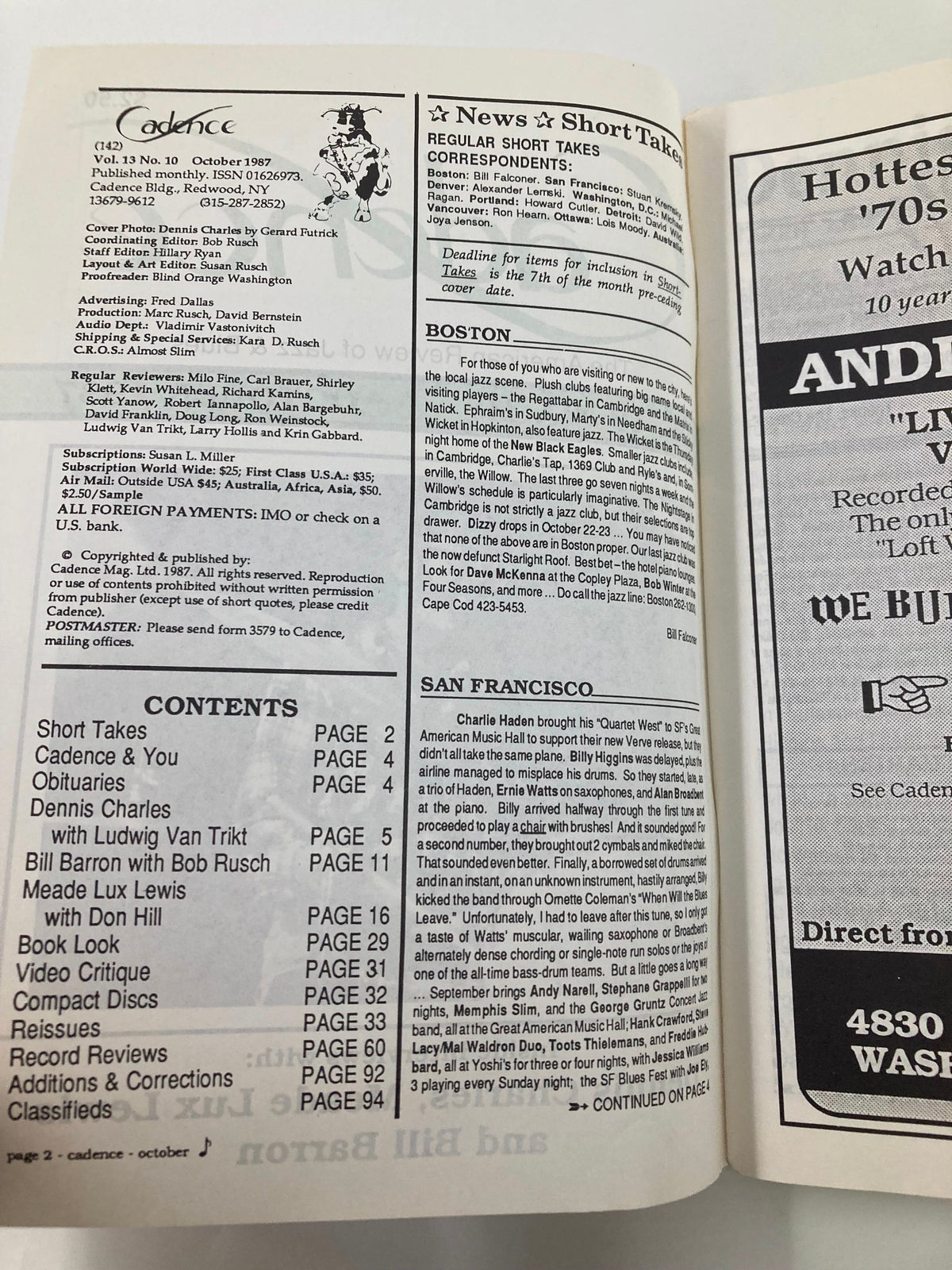 Inside page of VTG Cadence Jazz Magazine, October 1987, Vol 13 No 10 displaying contents and features including articles on Dennis Charles and Bill Barron.