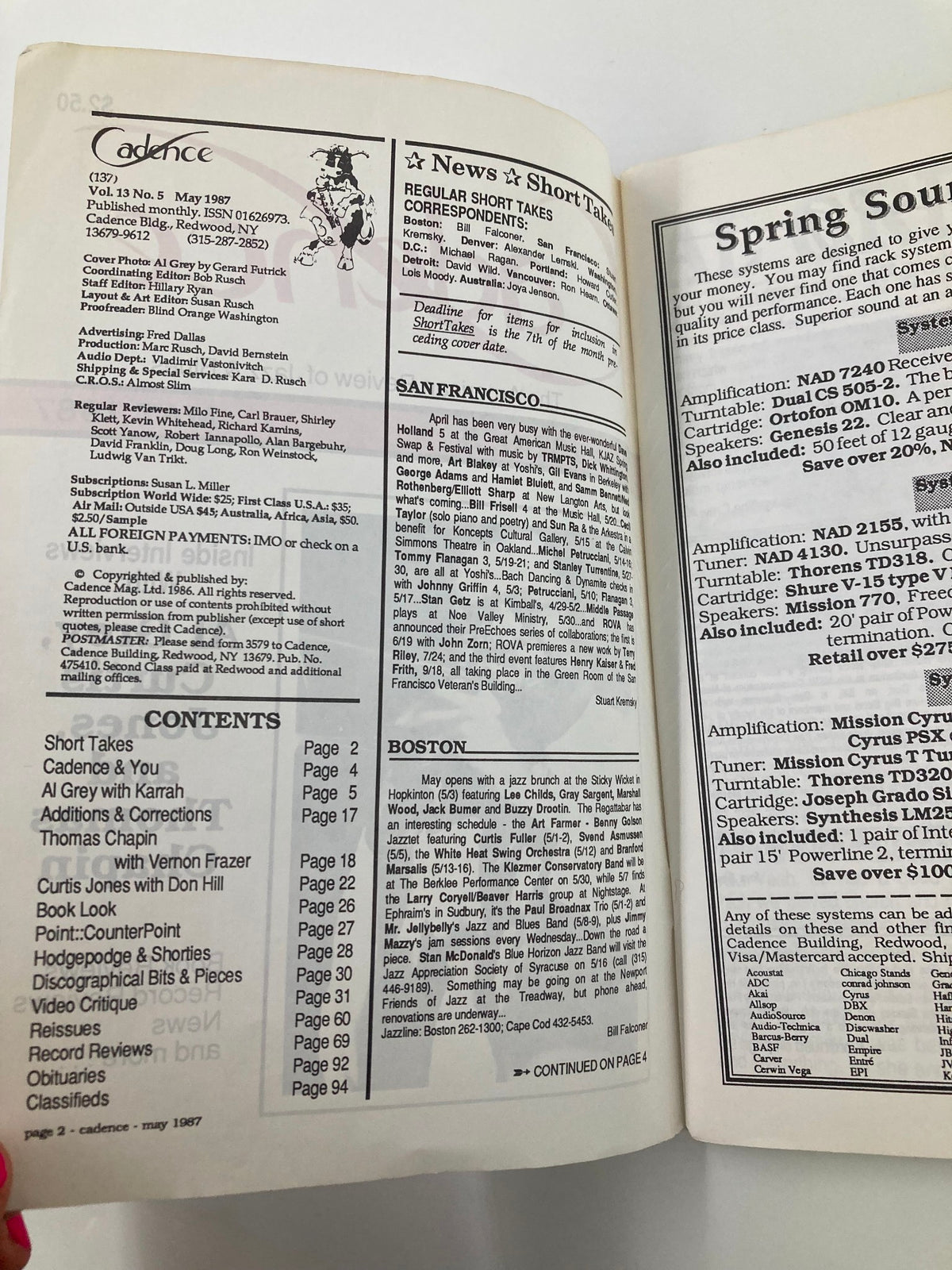 Inside of VTG Cadence Jazz Magazine May 1987 Vol 13 #5, featuring contents page with articles including Al Grey, Curtis Jones, and Thomas Chapin, showcasing the vibrant jazz scene of the late 1980s.