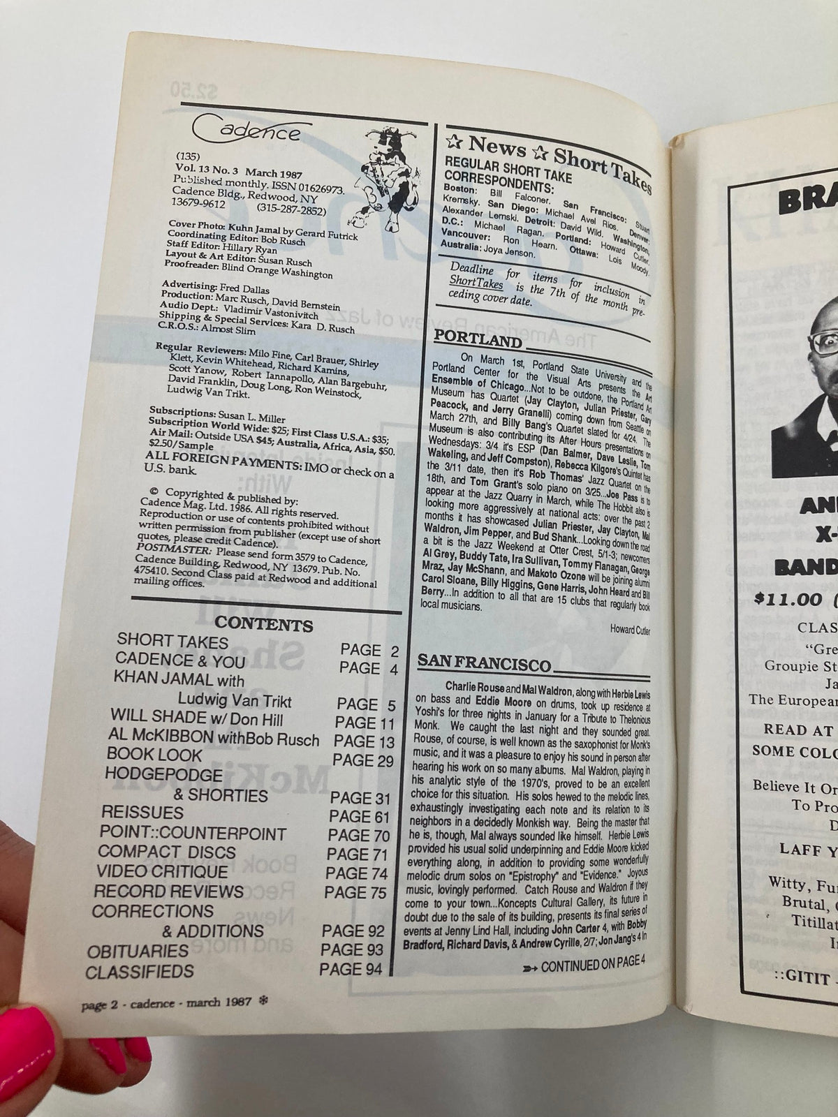 Interior page of VTG Cadence Jazz Magazine March 1987 Vol 13 #3 showcasing contents including articles and interviews with Khan Jamal and Will Shade, illustrating a piece of jazz history.