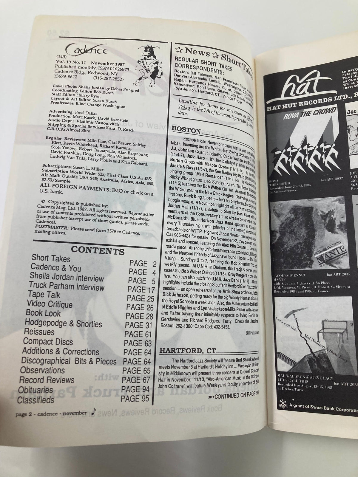 Inside contents page of VTG Cadence Jazz Magazine November 1987 Vol 13 #11, listing articles and interviews including features on Sheila Jordan and Truck Parham.
