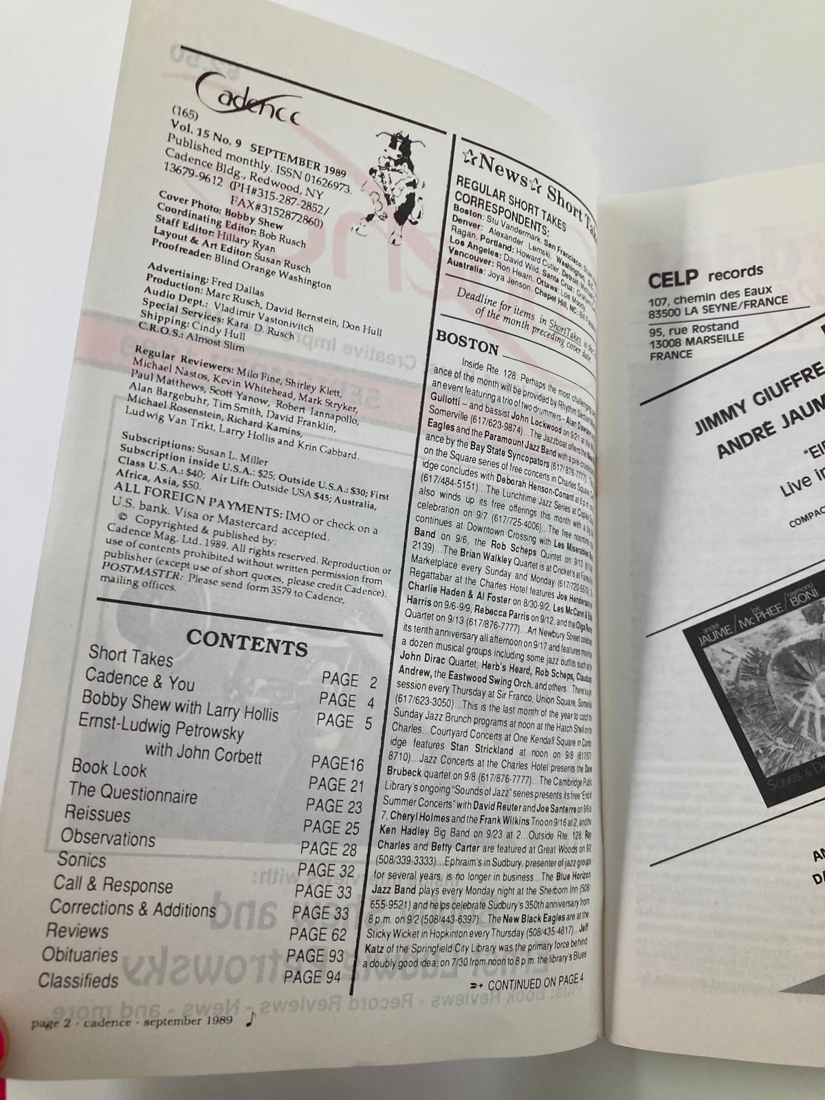 Inside page of VTG Cadence Jazz Magazine September 1989 Vol 15 #9 showcasing the table of contents with articles featuring Bobby Shew and Ernst-Ludwig Petrowsky.