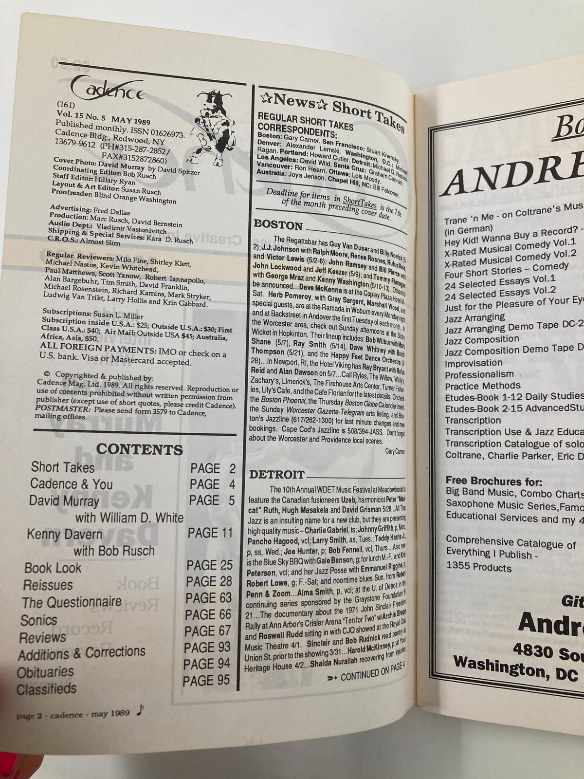 Inside page of VTG Cadence Jazz Magazine May 1989 Vol 15 #5 showcasing the table of contents with articles on David Murray, Kenny Davern, and short takes in jazz news.