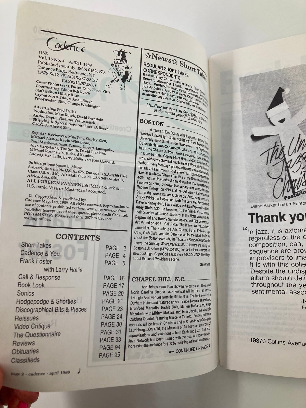 Inside page of VTG Cadence Jazz Magazine April 1989, Vol 15 No 4 displaying the contents and articles including an interview with Frank Foster, reflecting the jazz culture of the late 1980s.