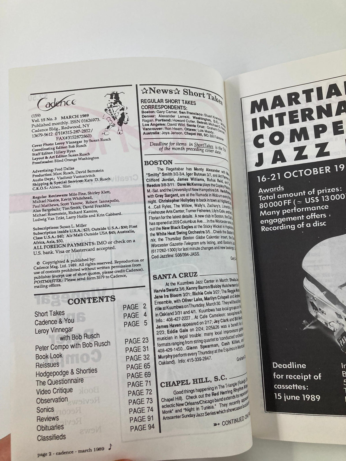 Interior page of VTG Cadence Jazz Magazine March 1989 Vol 15 #3 featuring articles and contents list, including features on Leroy Vinnegar and Peter Compo, showcasing the vibrant jazz scene of the late 1980s.