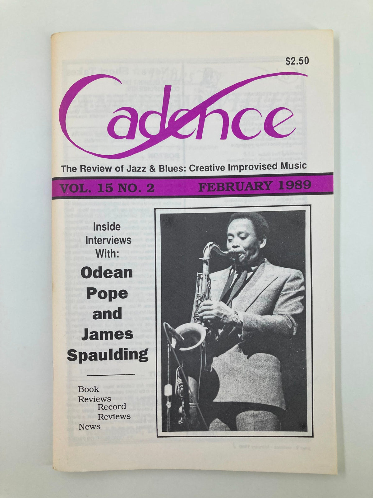 Cover of VTG Cadence Jazz Magazine February 1989 Vol 15 #2 featuring Odean Pope and James Spaulding, showcasing the vibrant jazz scene with interviews and articles.