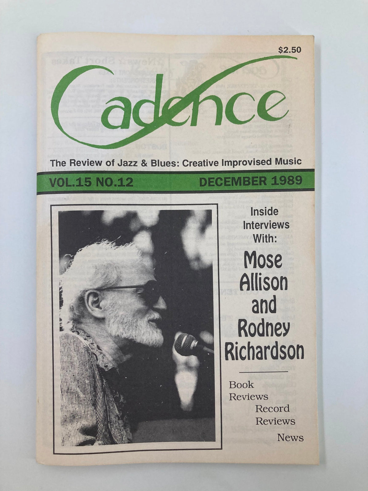 Cover of VTG Cadence Jazz Magazine December 1989 Vol 15 #12 featuring Mose Allison and Rodney Richardson, showcasing the title and a black-and-white photograph of a musician.