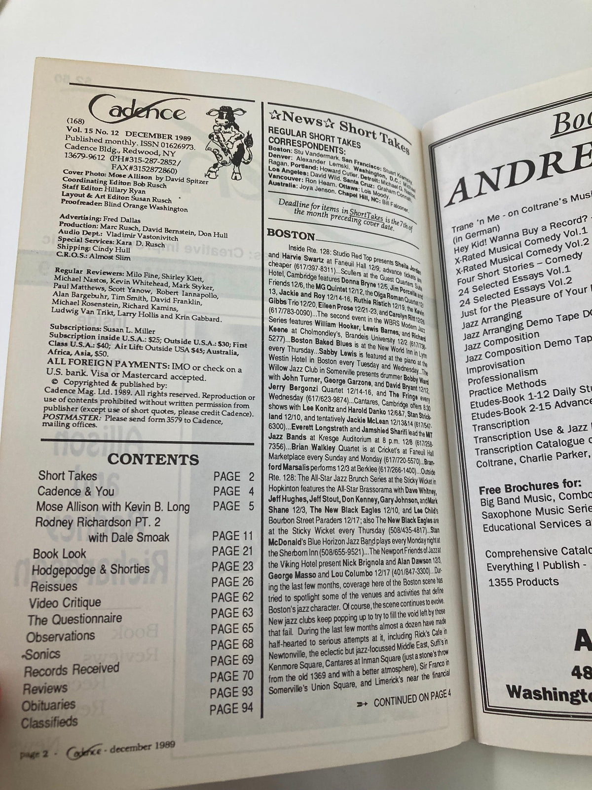 Inside page of VTG Cadence Jazz Magazine December 1989 Vol 15 #12 displaying the table of contents, highlighting articles related to Mose Allison and Rodney Richardson, along with various jazz music topics.