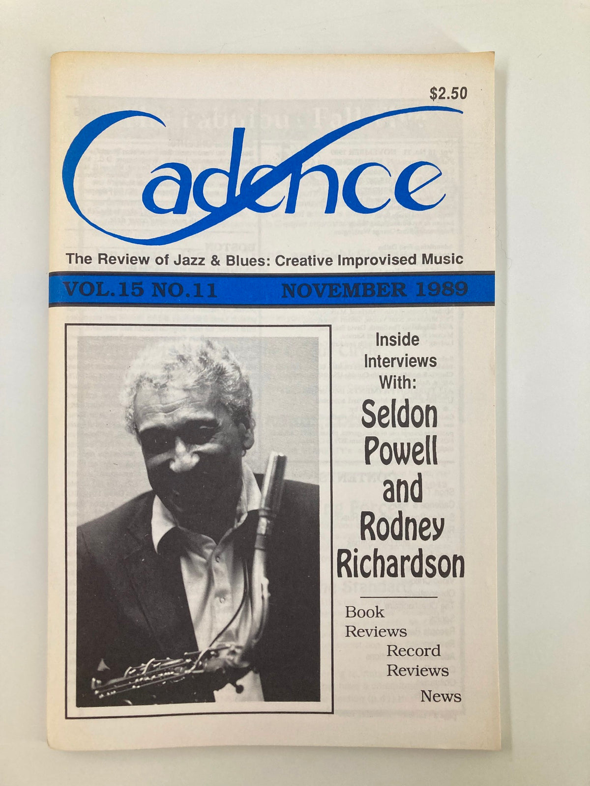 Cover of VTG Cadence Jazz Magazine from November 1989, Volume 15, No. 11, featuring Seldon Powell and Rodney Richardson, showcasing jazz interviews and music insights.