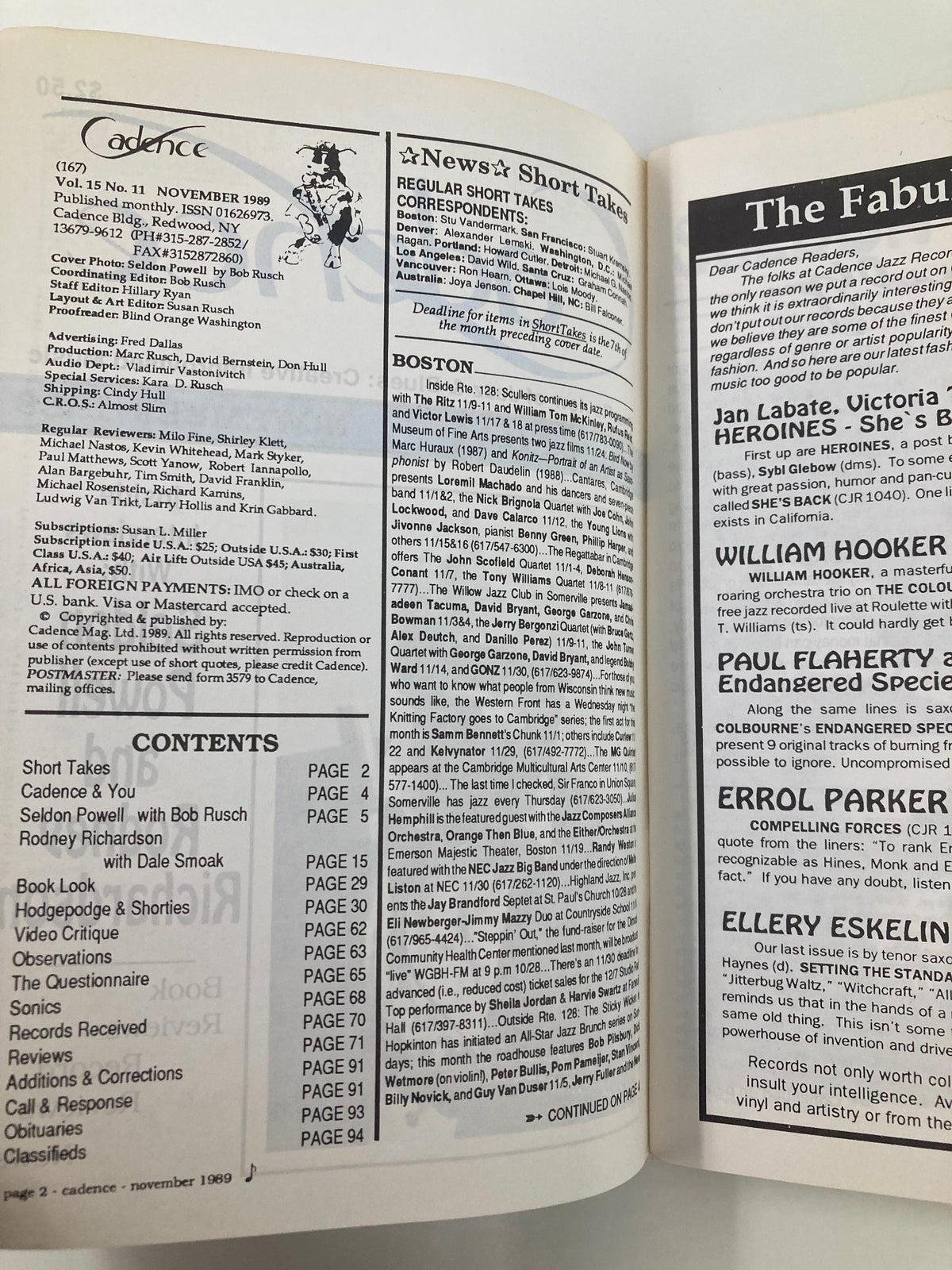 Interior page of VTG Cadence Jazz Magazine November 1989, Volume 15, No. 11, displaying contents and article listings, including features on Seldon Powell and Rodney Richardson.