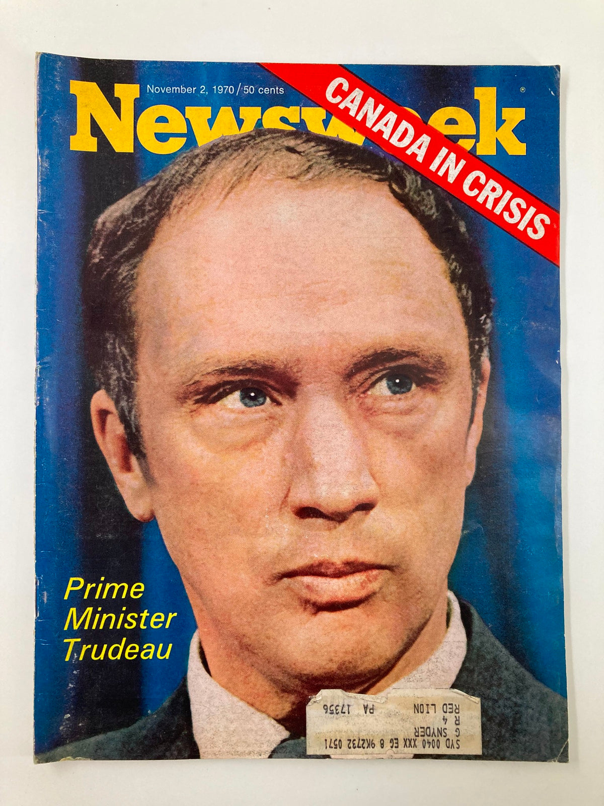 VTG Newsweek Magazine November 2 1970 featuring Prime Minister Trudeau with the headline 'Canada in Crisis'. This vintage magazine cover shows Trudeau's serious expression amidst a historical backdrop, capturing a pivotal moment in Canadian politics.