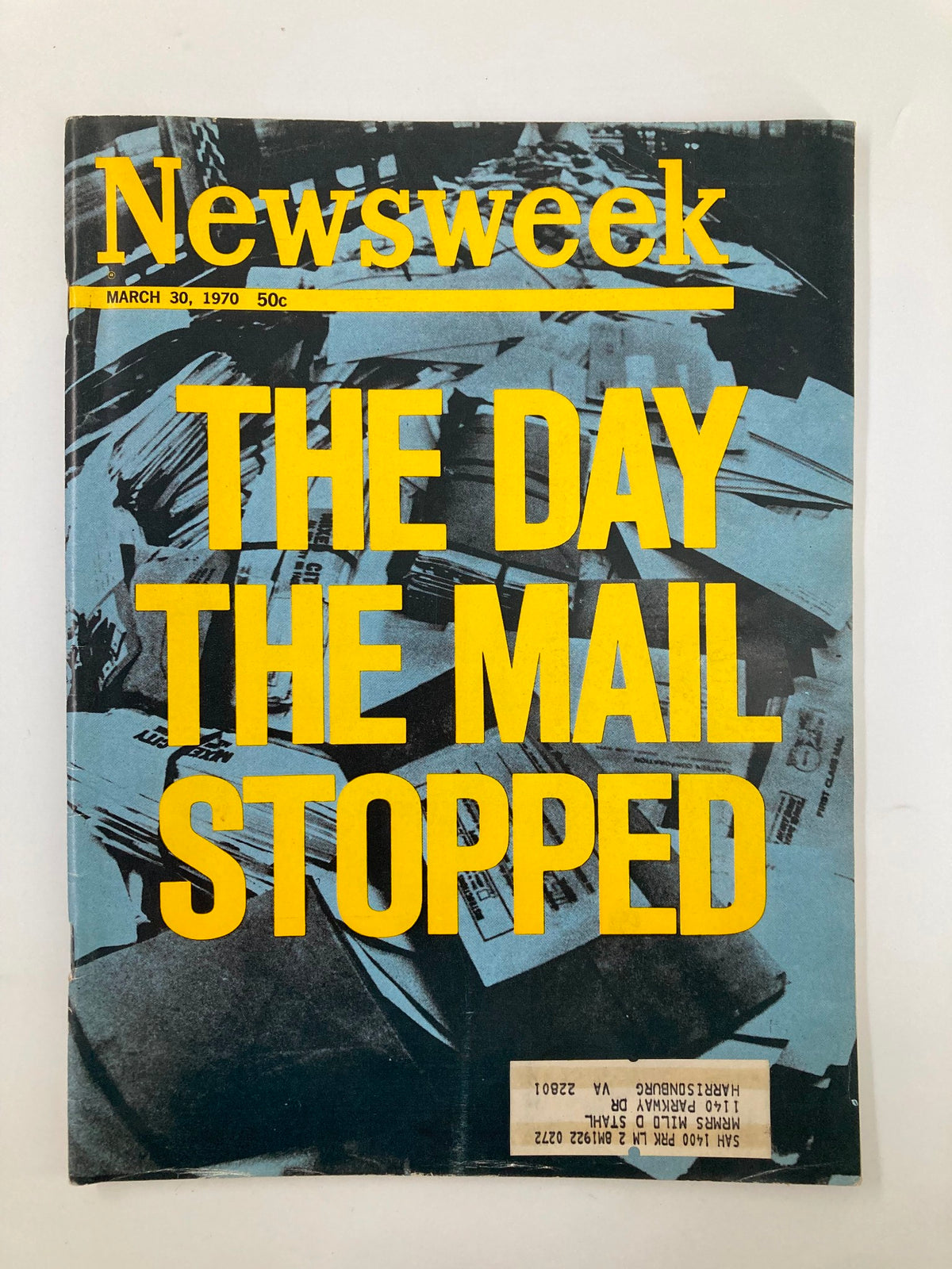 Vintage Newsweek Magazine cover from March 30, 1970, featuring the bold headline 'THE DAY THE MAIL STOPPED' against a backdrop of mail and postal items, reflecting a significant historical event.
