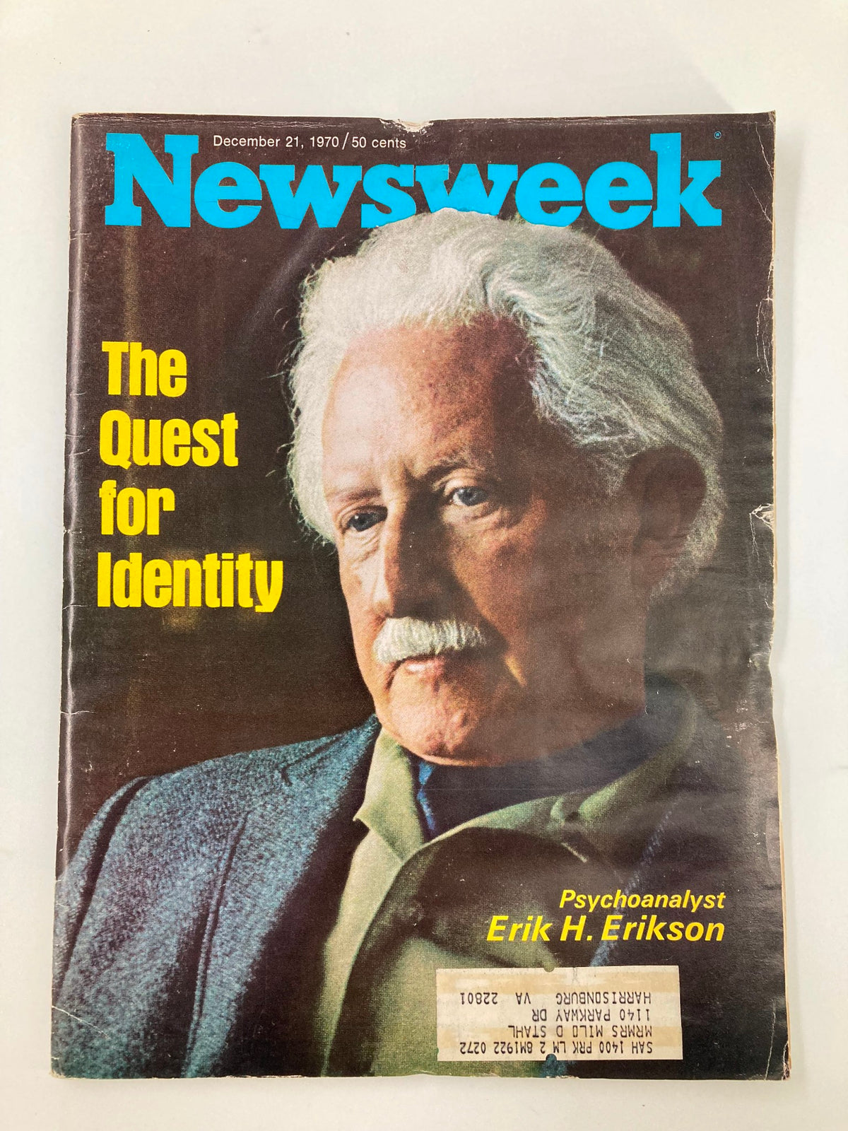 Cover of VTG Newsweek Magazine from December 21, 1970 featuring the title 'The Quest for Identity' and a portrait of psychologist Erik H. Erikson.