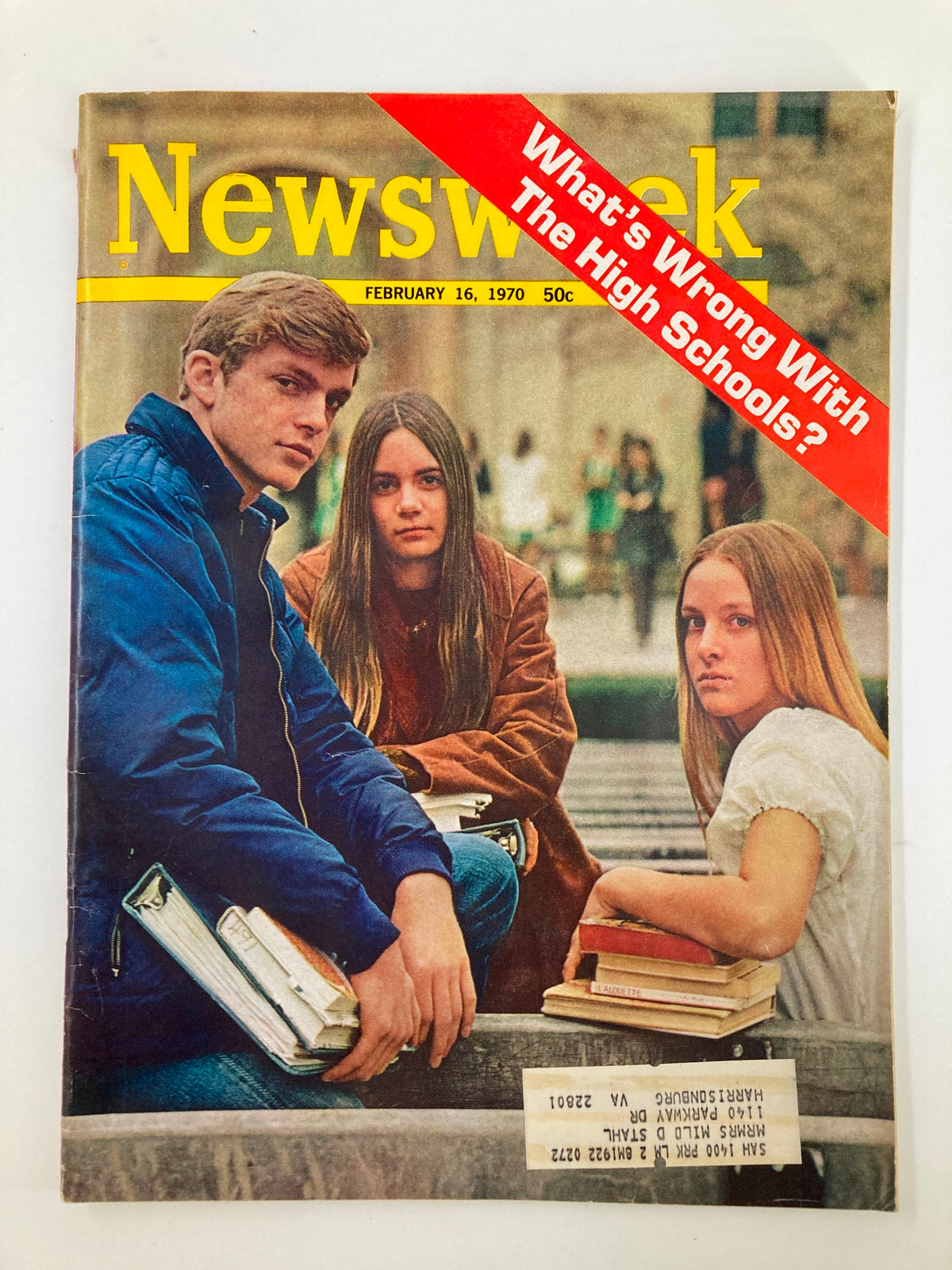 Cover of Newsweek Magazine dated February 16, 1970, featuring the title 'What's Wrong With The High Schools?' with three students posed outside, books in hand.