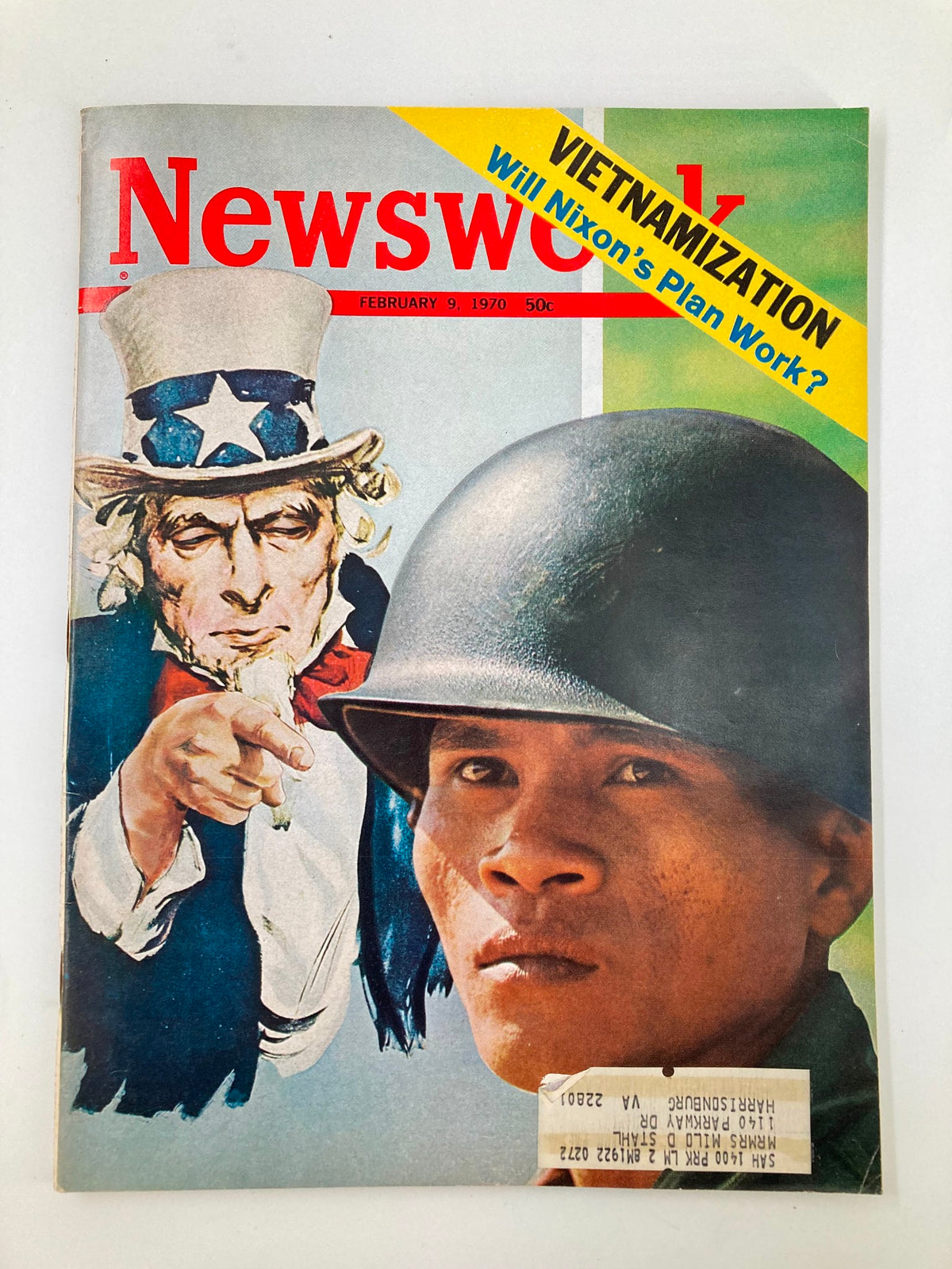 VTG Newsweek Magazine February 9 1970 featuring a cover illustration related to Vietnamization, showing Uncle Sam and a Vietnamese soldier, exploring Richard Nixon's plan during the Vietnam War.
