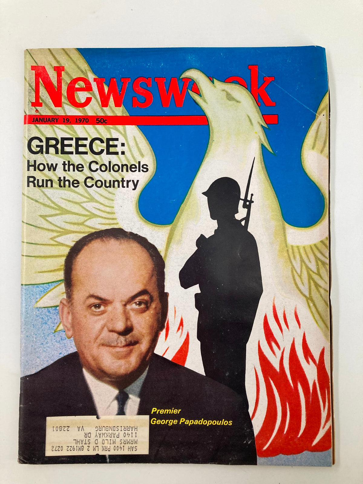 Cover of Newsweek Magazine dated January 19, 1970, featuring an article on Greece under George Papadopoulos's military regime with bold graphics and a soldier silhouette.